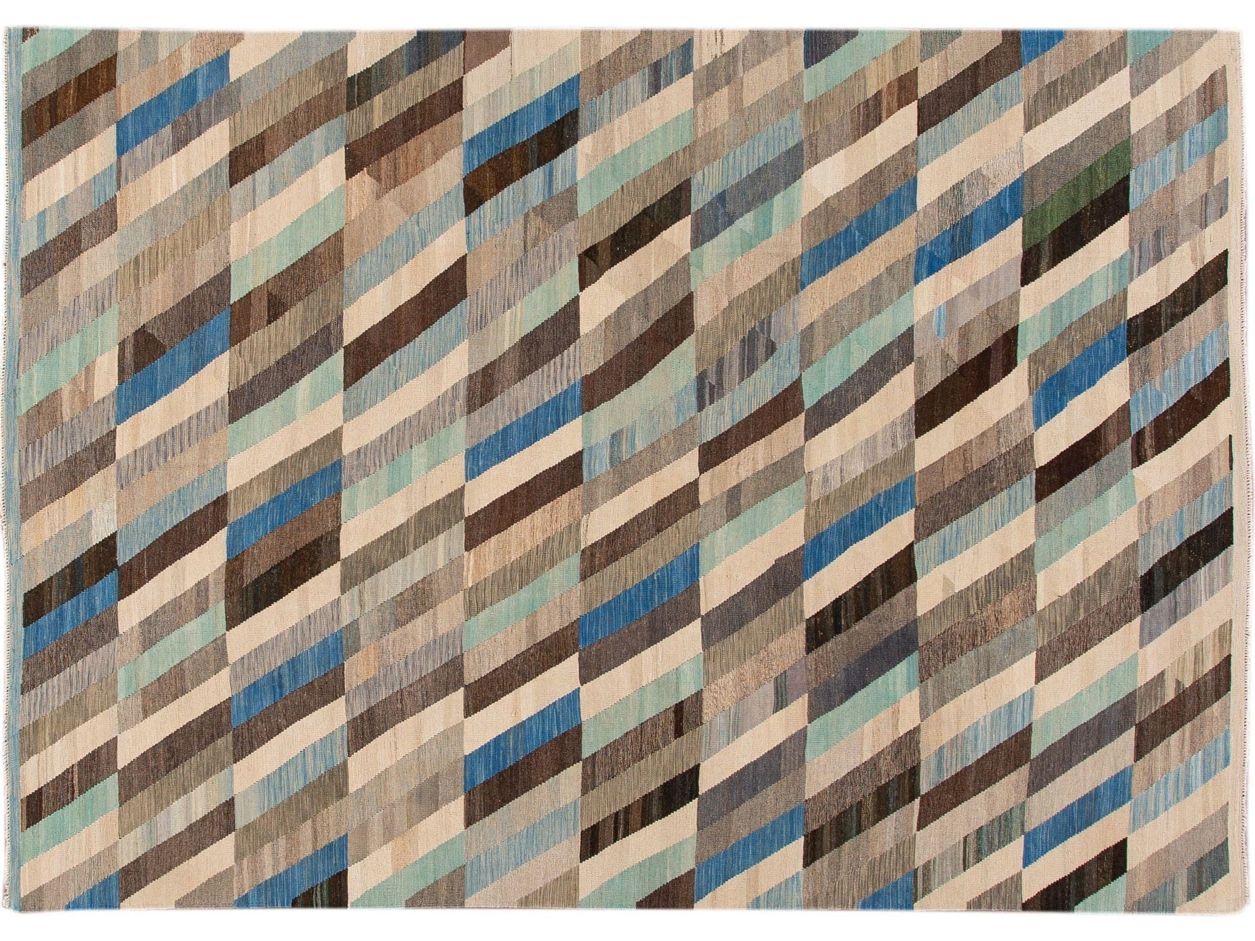 Contemporary Kilim Flatweave Multicolor Geometric Abstract Wool Rug