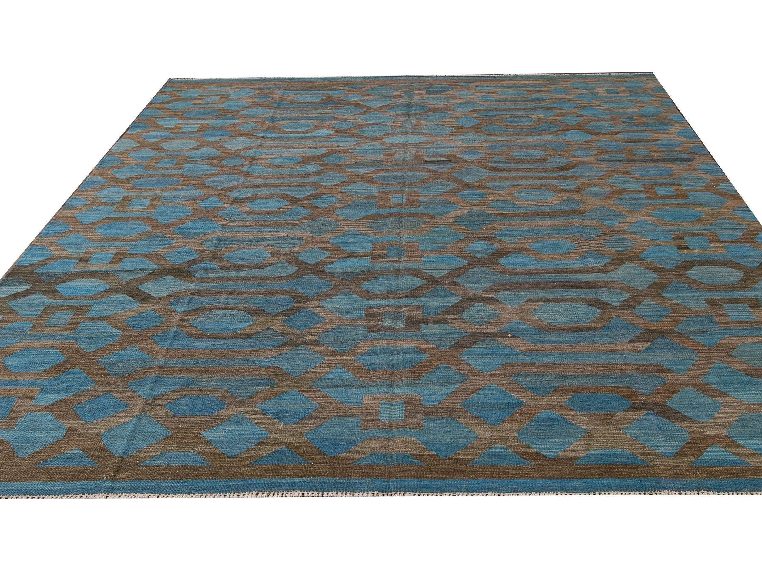 Modern Geometric Kilim Handmade Room Size Blue Wool Rug