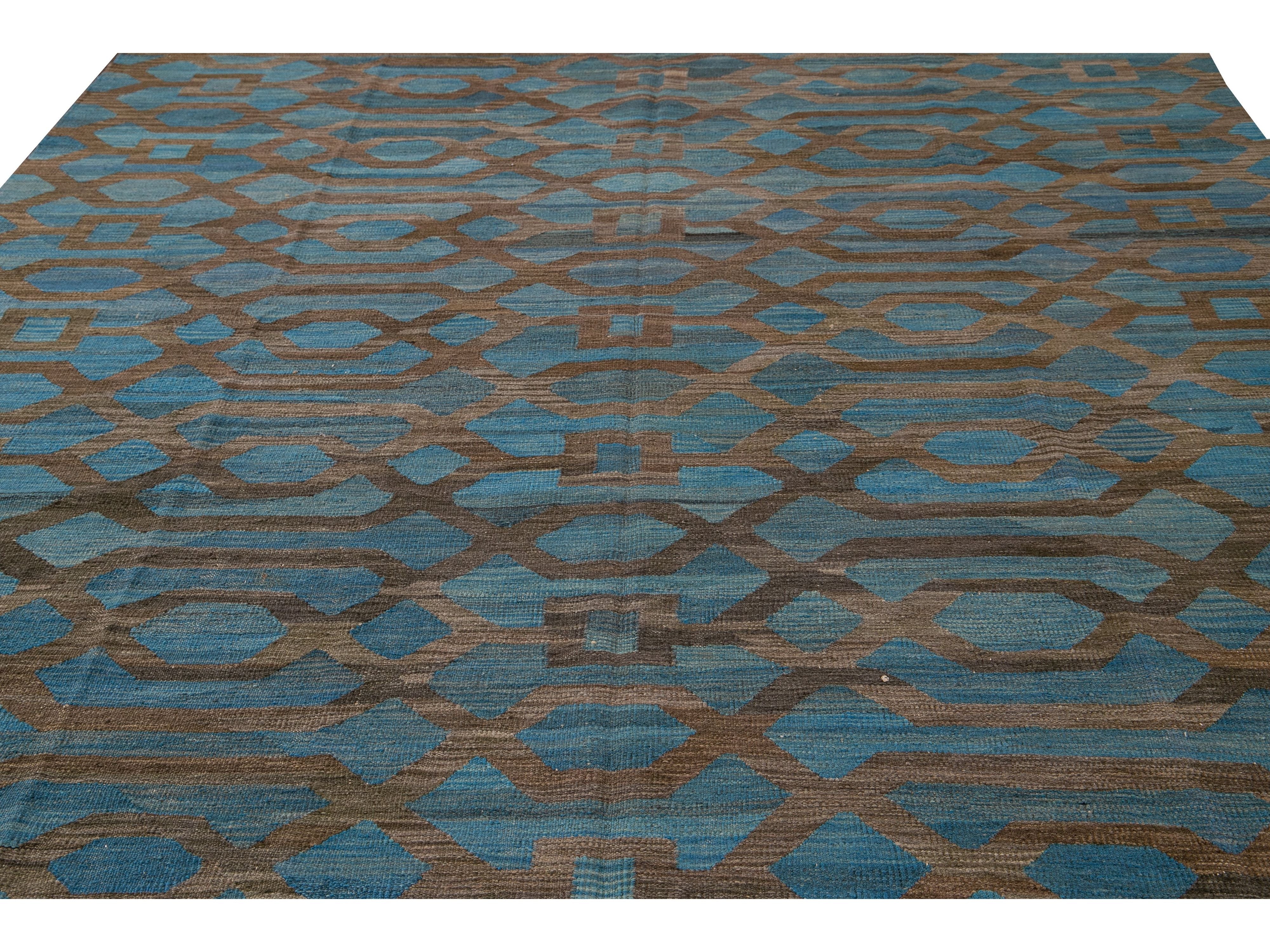 Modern Geometric Kilim Handmade Room Size Blue Wool Rug