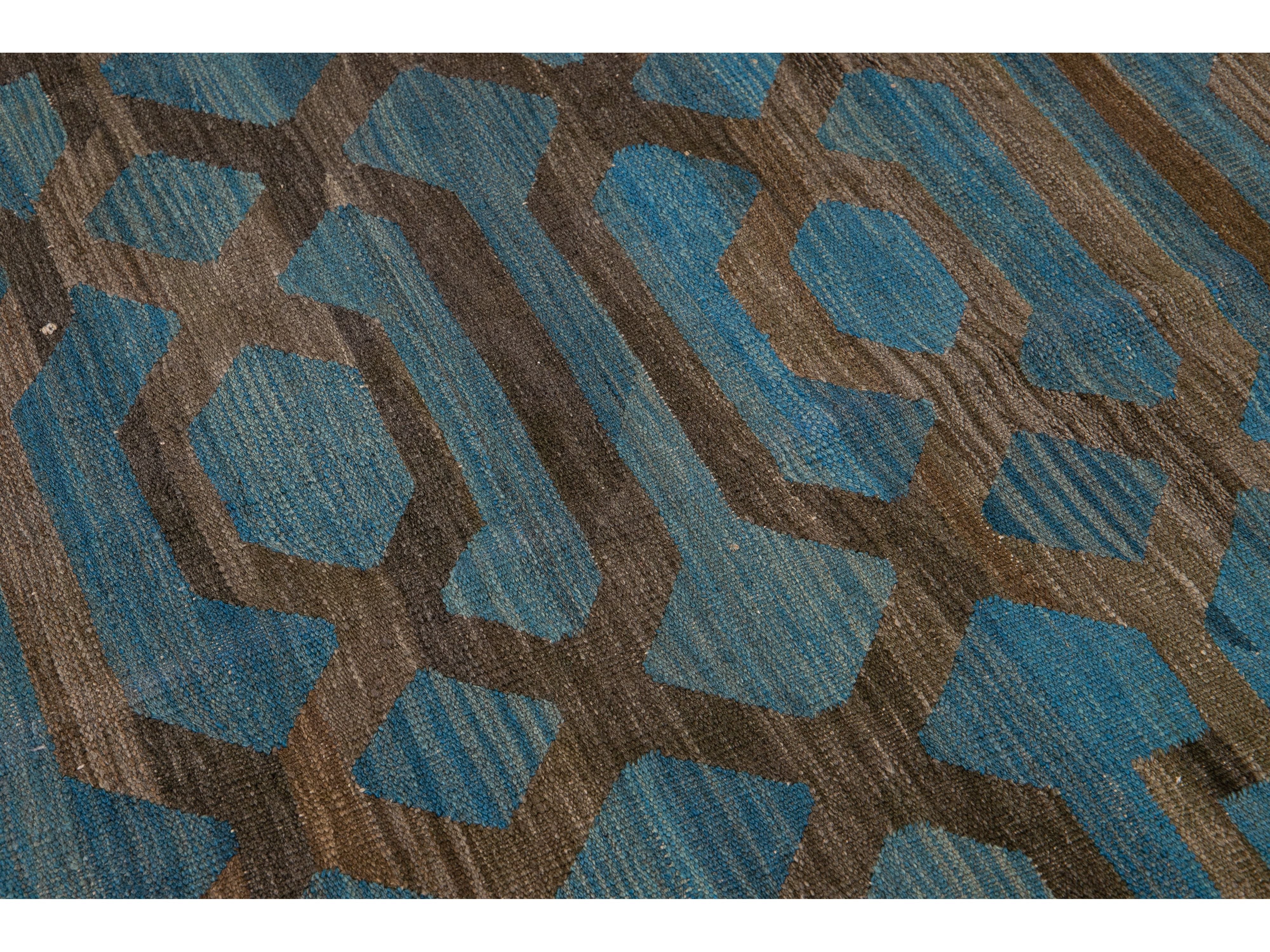 Modern Geometric Kilim Handmade Room Size Blue Wool Rug
