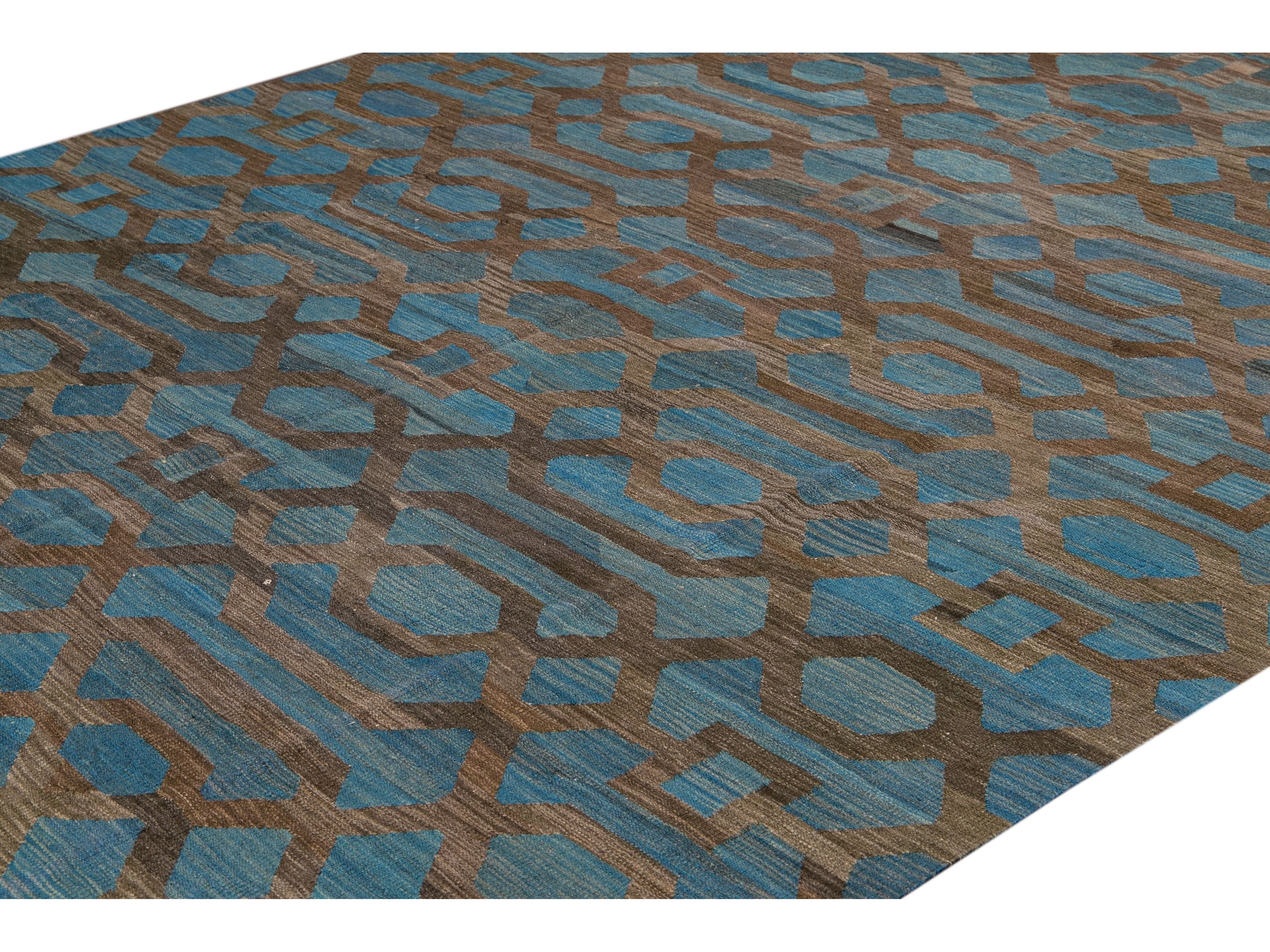 Modern Geometric Kilim Handmade Room Size Blue Wool Rug