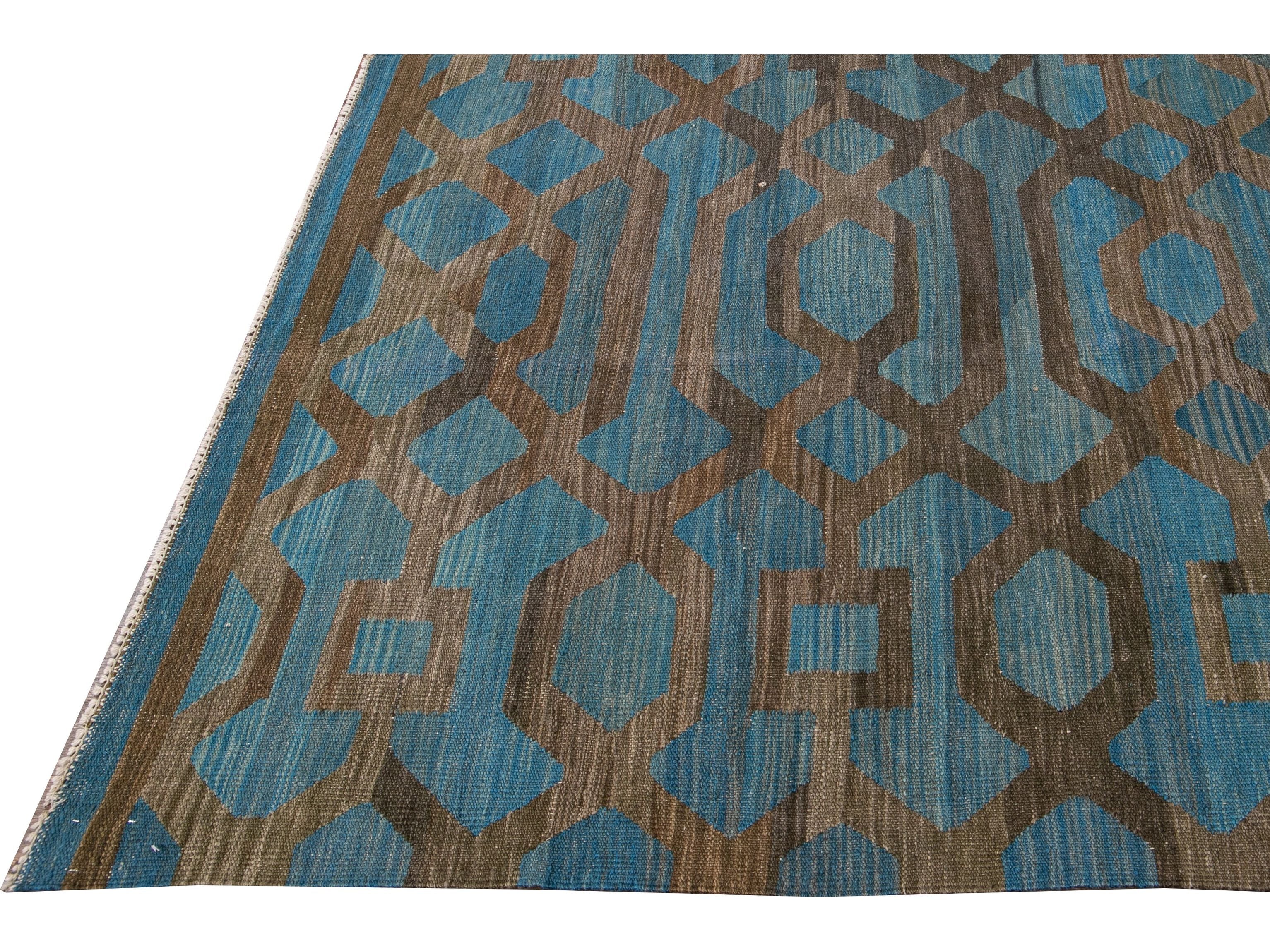 Modern Geometric Kilim Handmade Room Size Blue Wool Rug