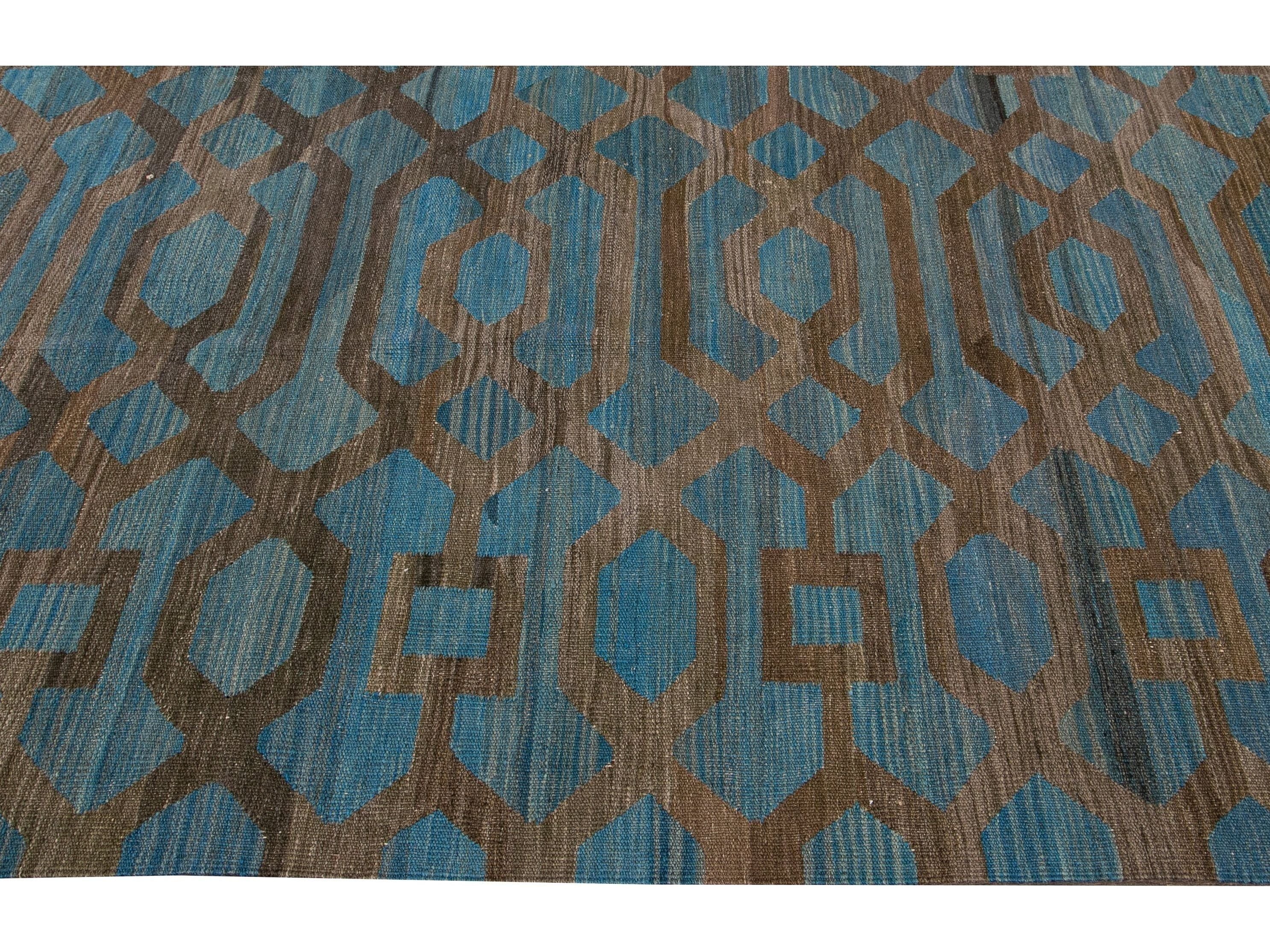 Modern Geometric Kilim Handmade Room Size Blue Wool Rug