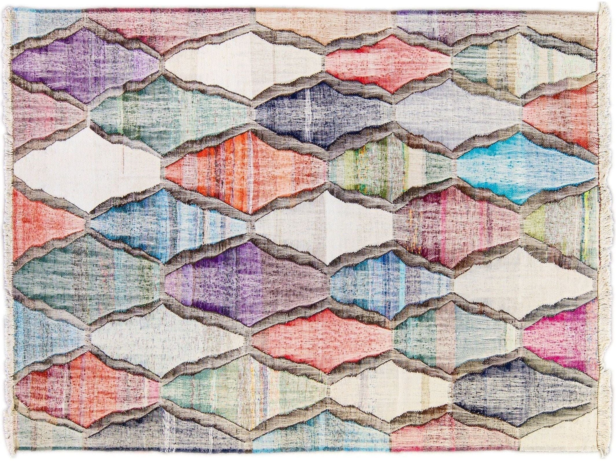 Contemporary Kilim Handmade Geometric Multicolor Wool Rug