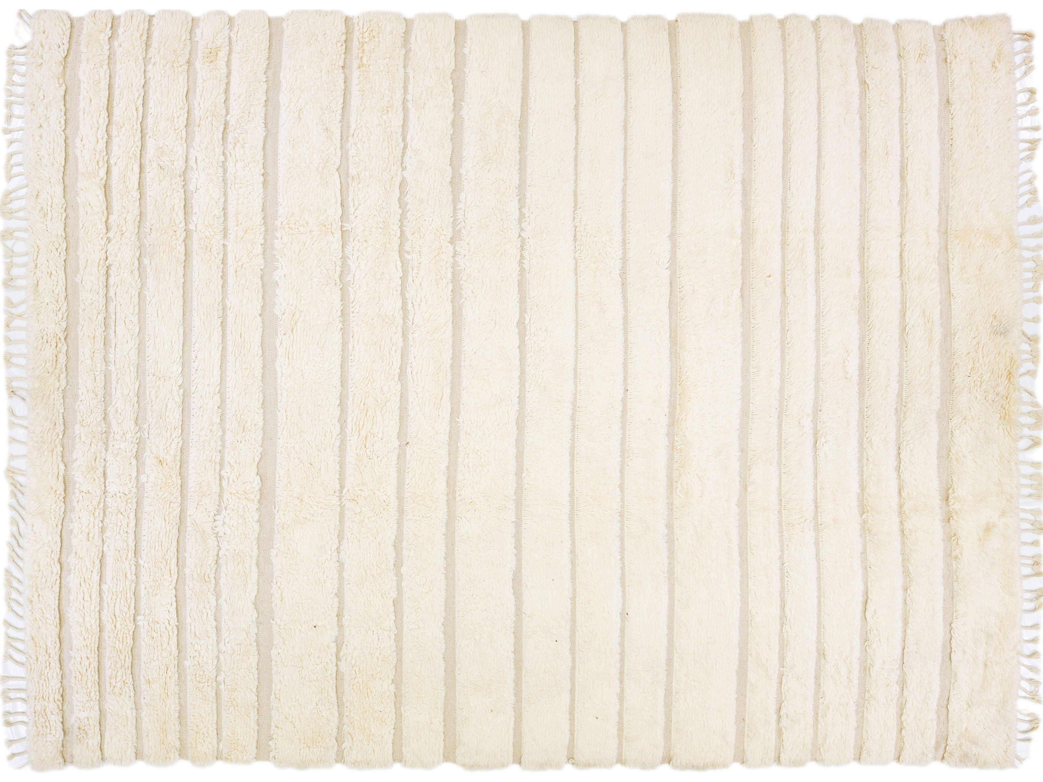 Modern Moroccan Style Handmade Beige Striped Wool Rug