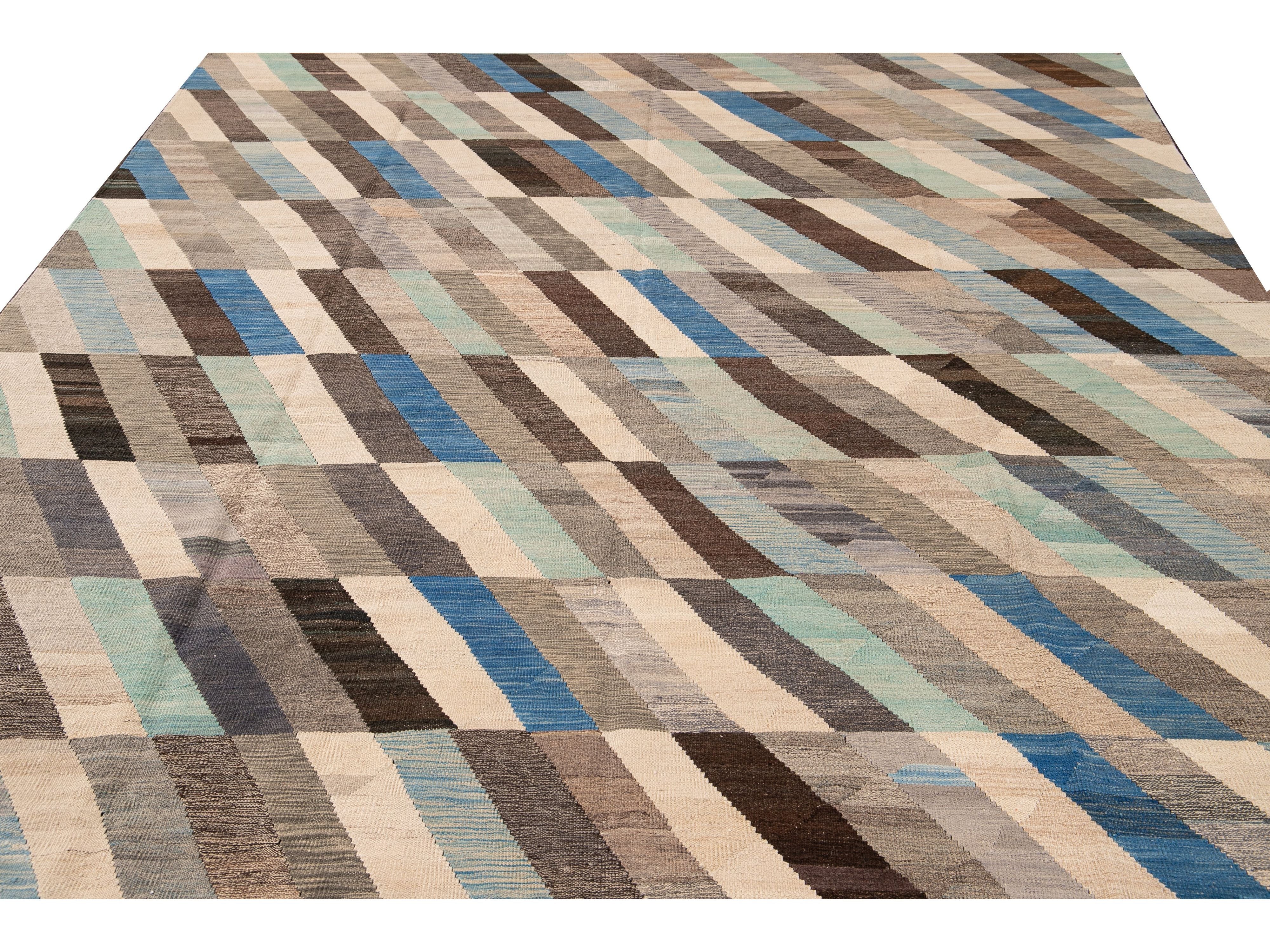 Contemporary Kilim Flatweave Multicolor Geometric Abstract Wool Rug