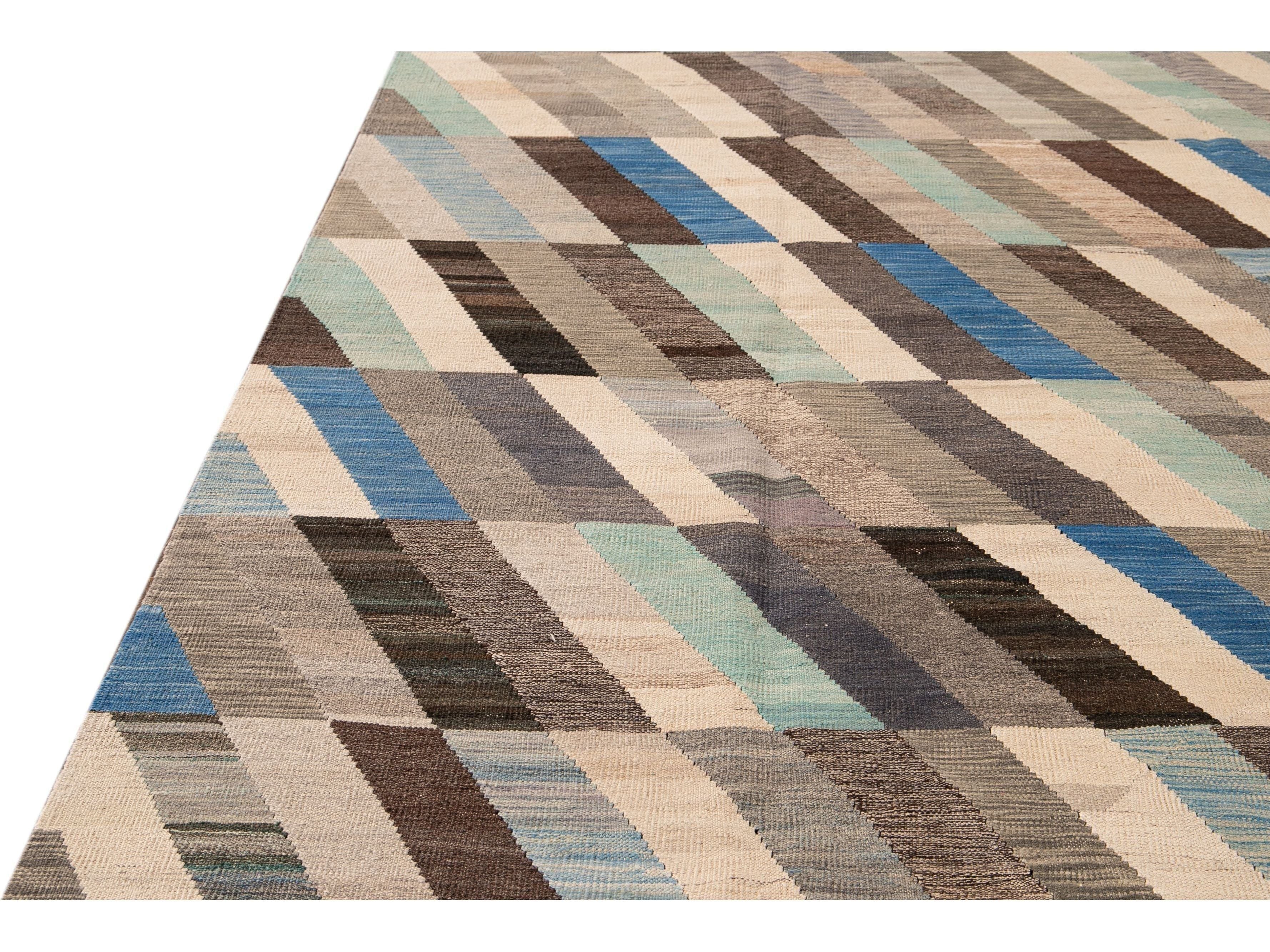 Contemporary Kilim Flatweave Multicolor Geometric Abstract Wool Rug
