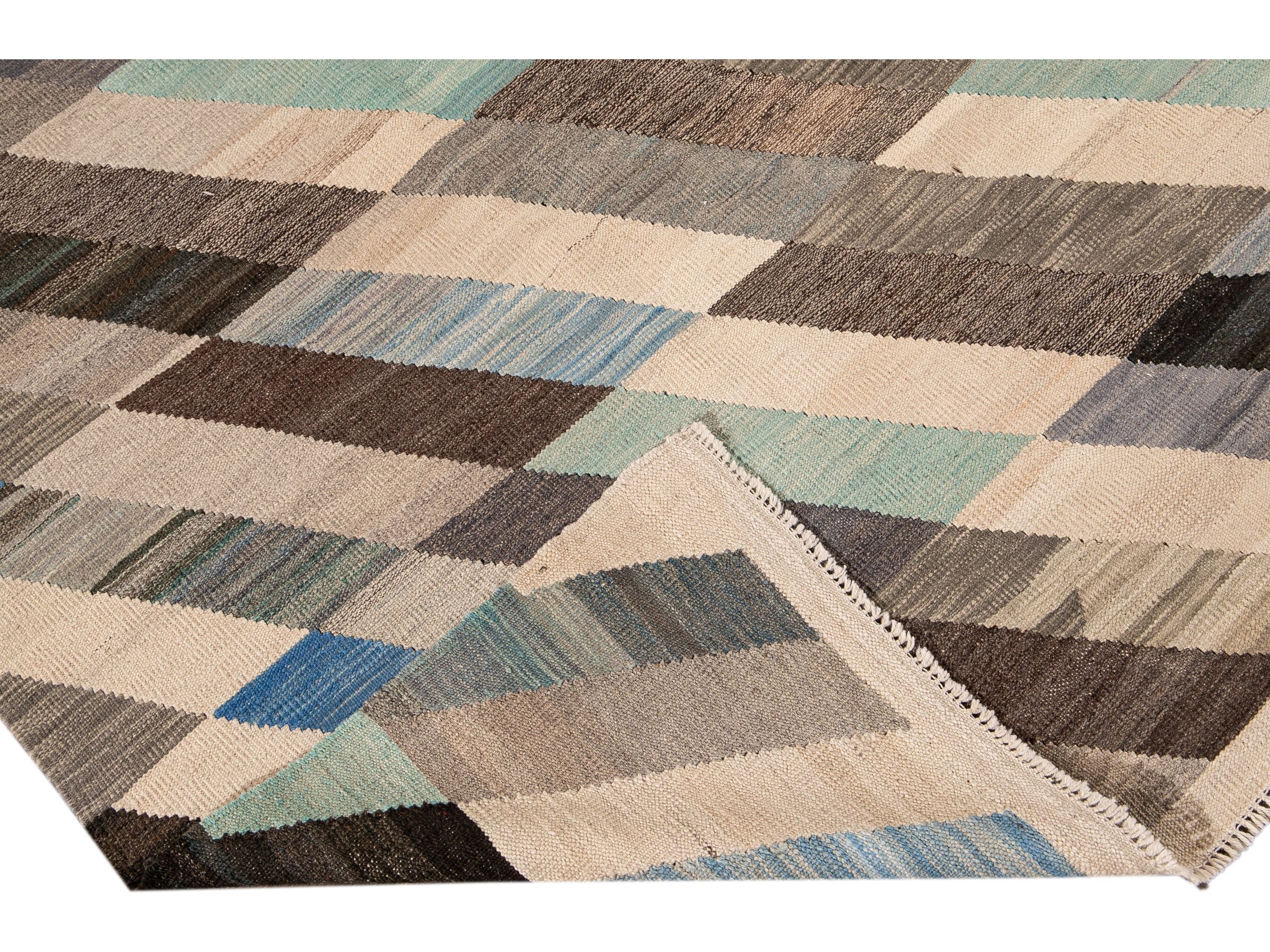 Contemporary Kilim Flatweave Multicolor Geometric Abstract Wool Rug