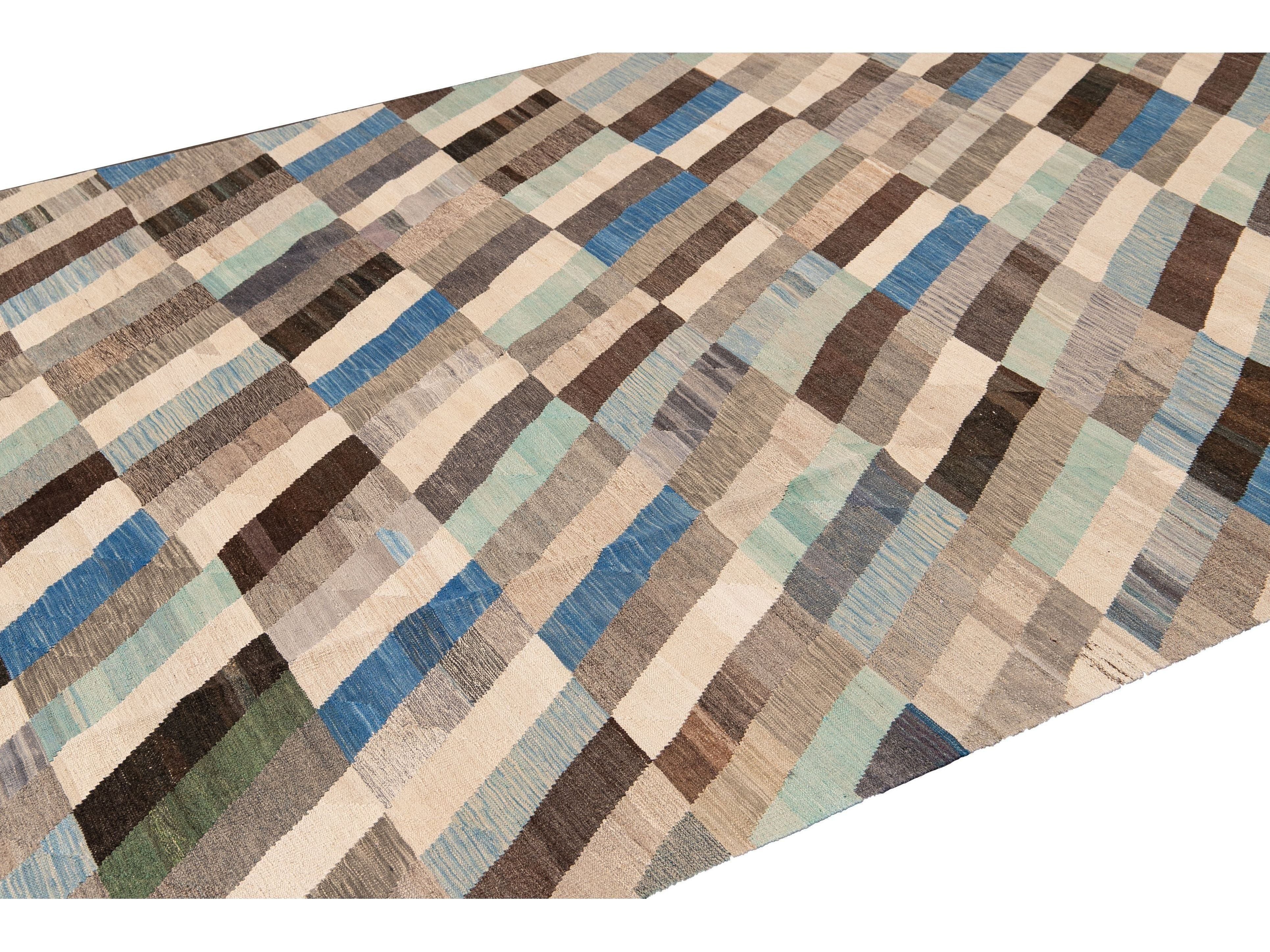 Contemporary Kilim Flatweave Multicolor Geometric Abstract Wool Rug