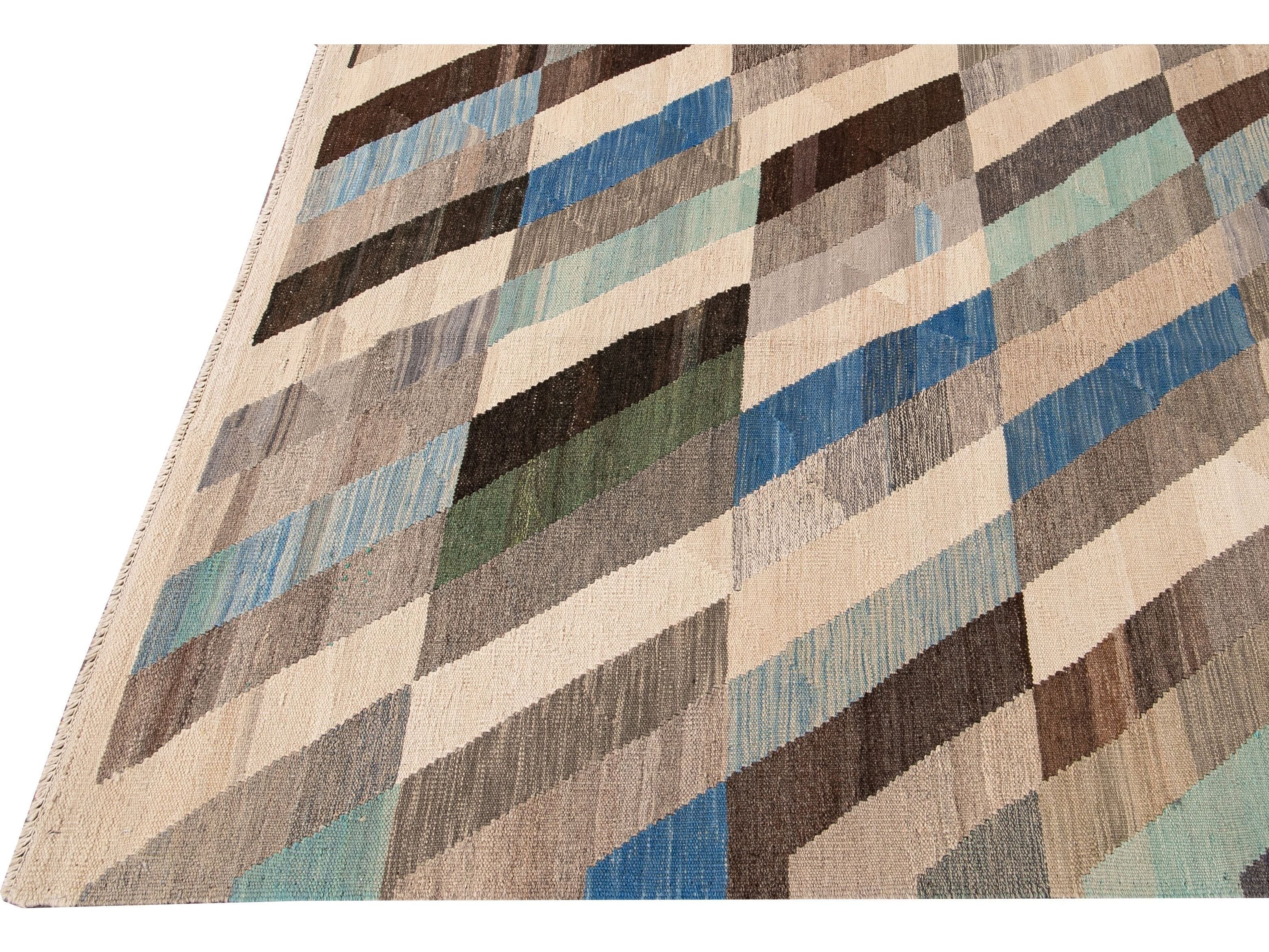 Contemporary Kilim Flatweave Multicolor Geometric Abstract Wool Rug