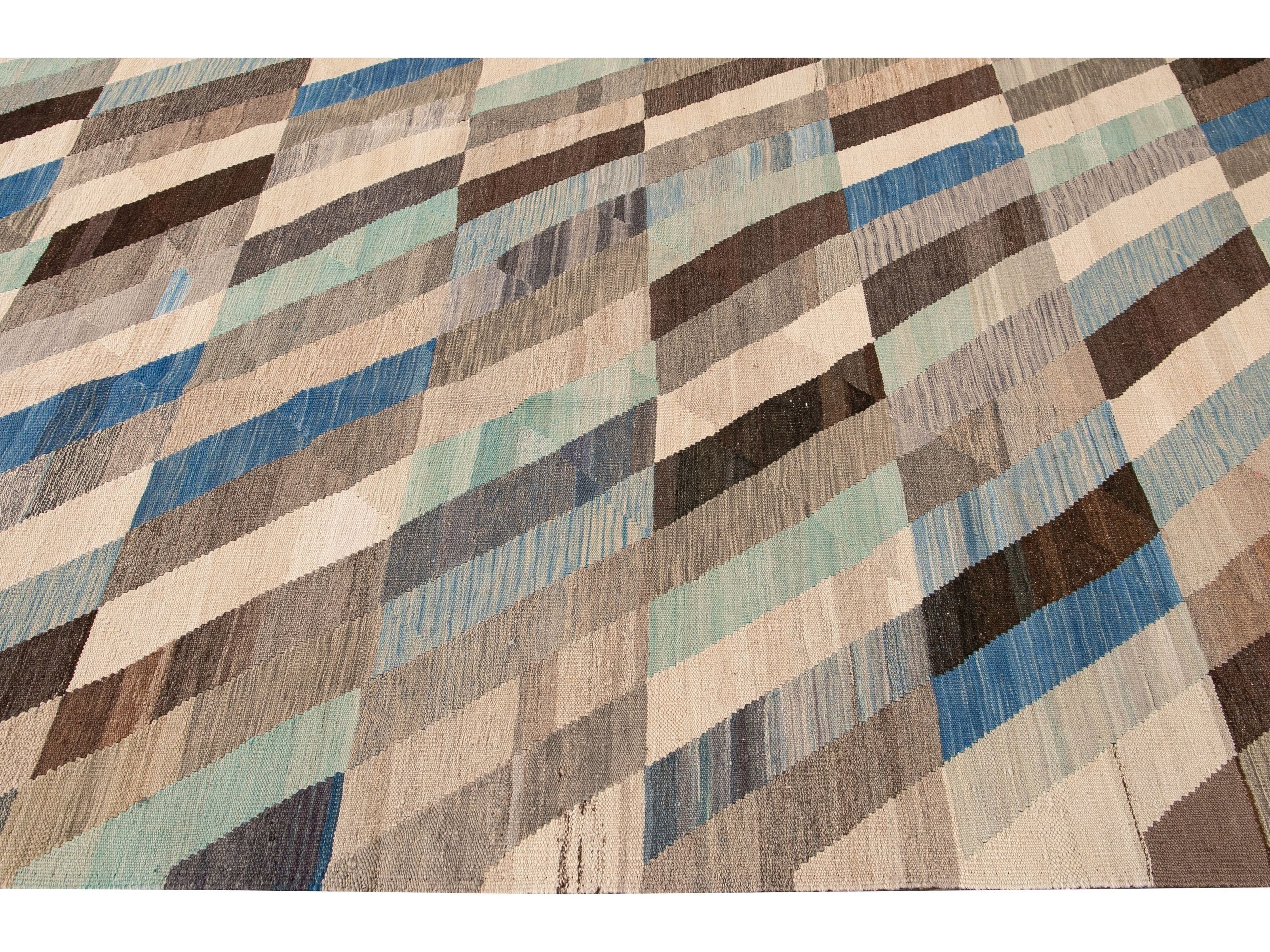 Contemporary Kilim Flatweave Multicolor Geometric Abstract Wool Rug