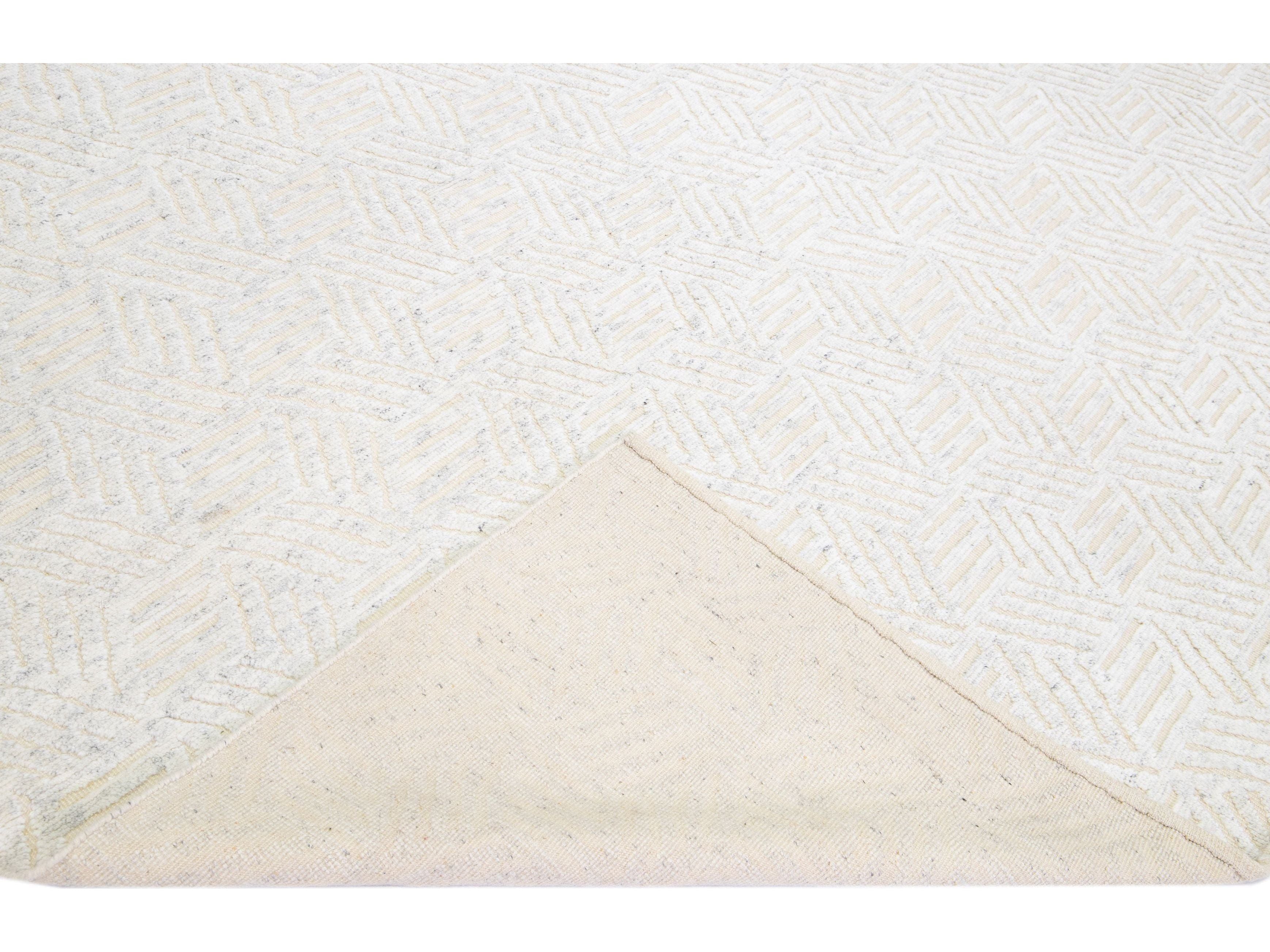 Modern Abstract Moroccan Style Handmade Ivory Wool Rug