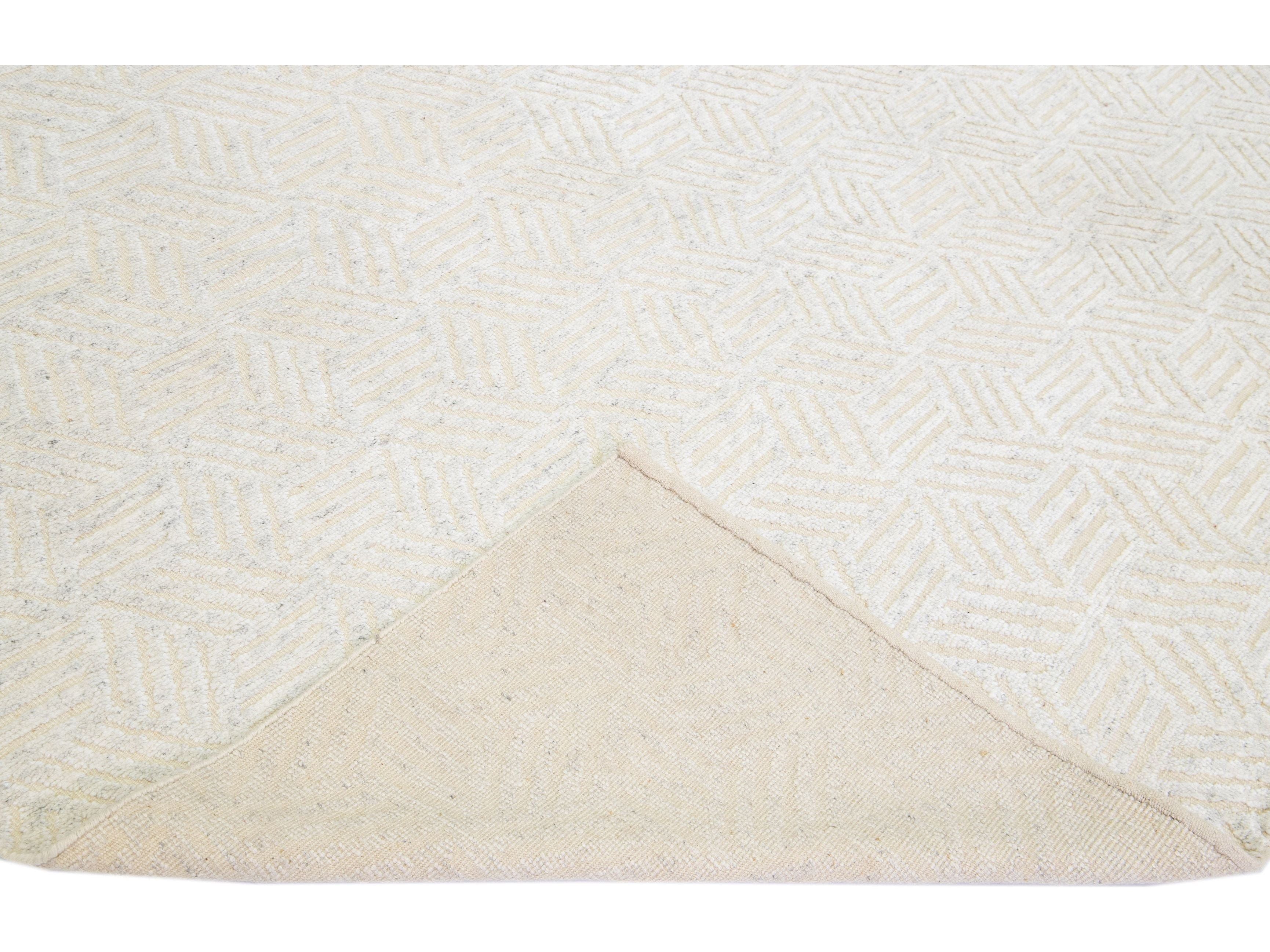 Ivory Modern Moroccan Style Handmade Geometric Abstract Oversize Wool Rug