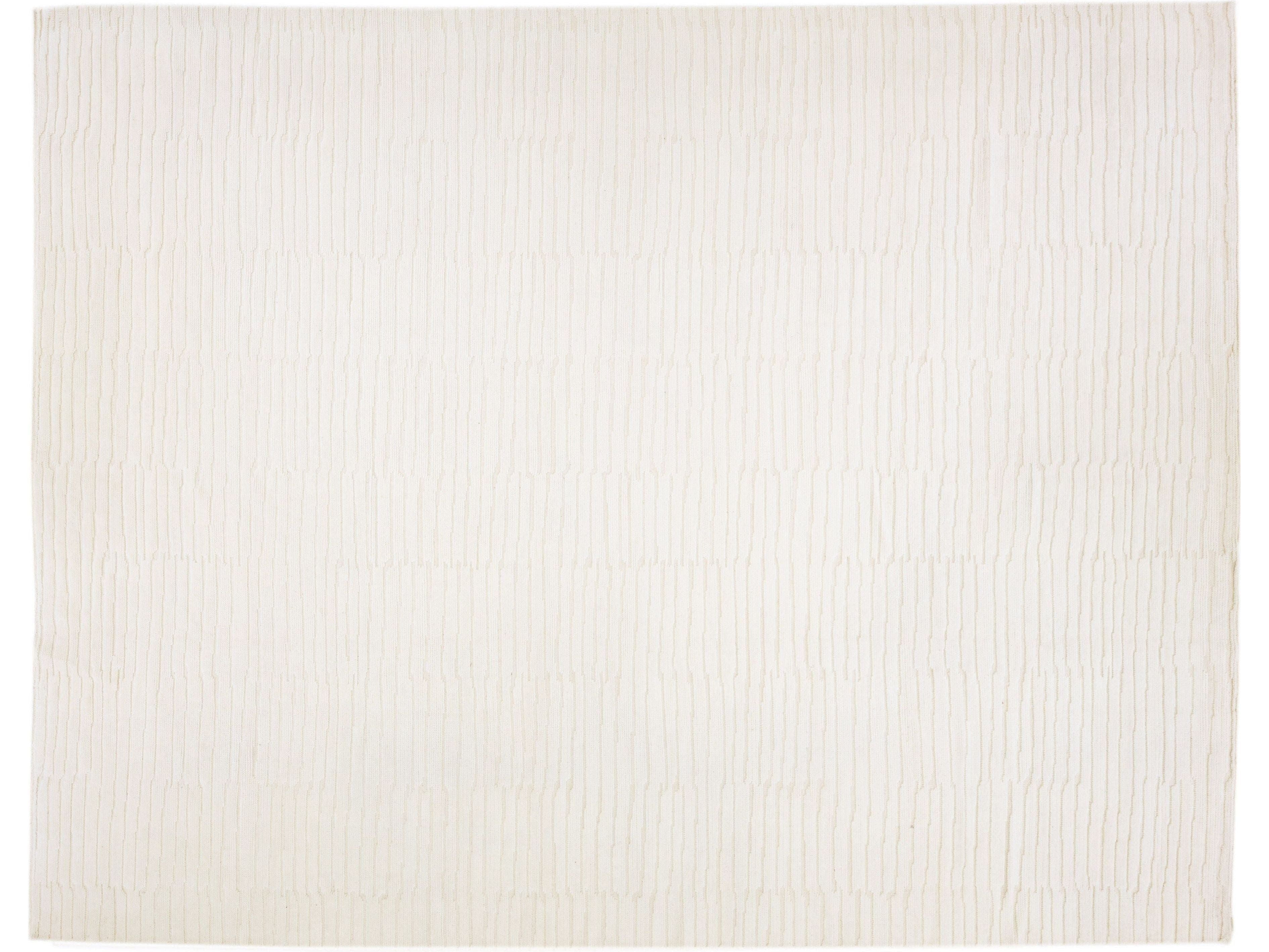 Modern Moroccan Style Handmade Striped Beige Wool Rug