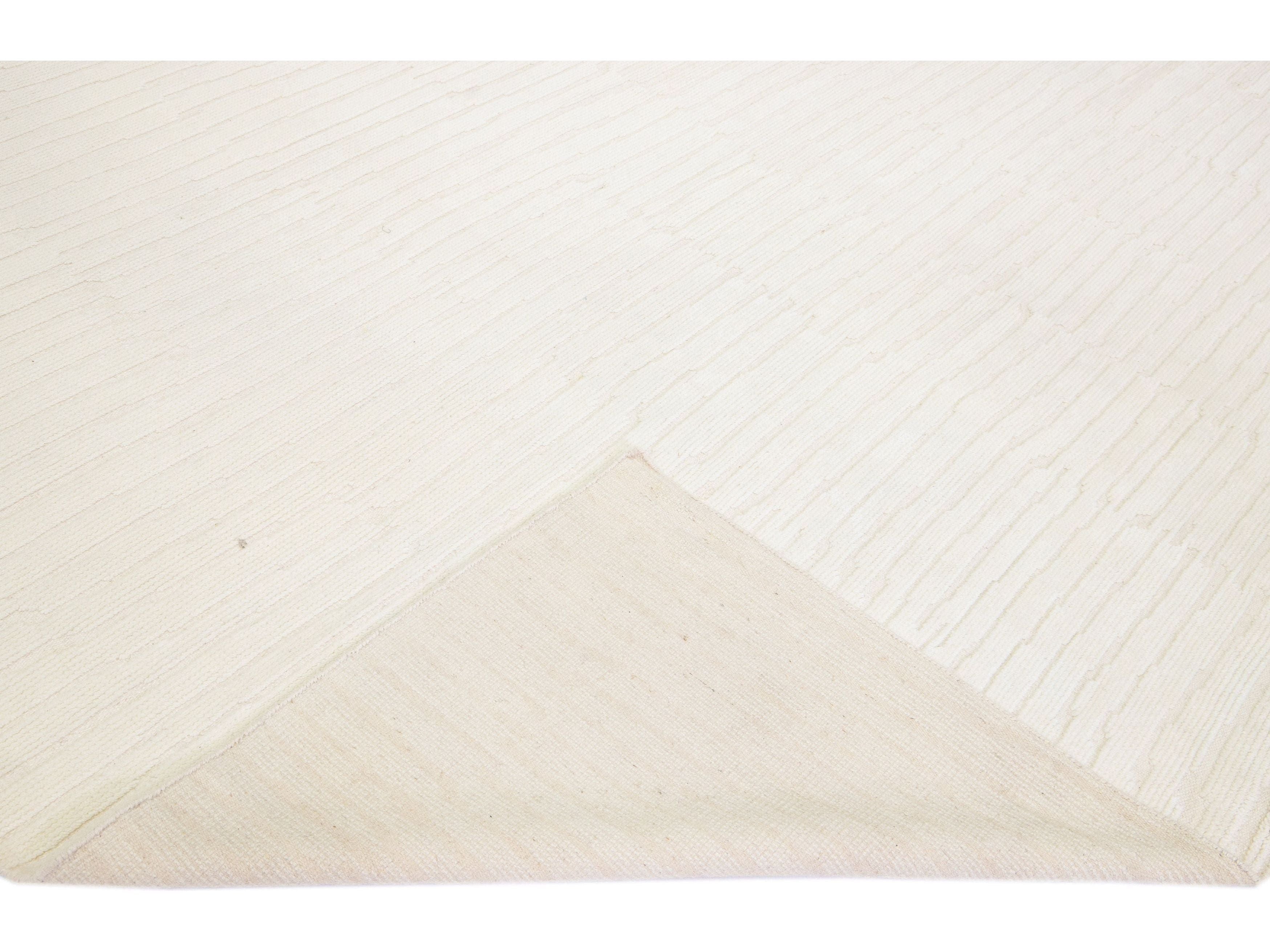 Modern Moroccan Style Handmade Striped Beige Wool Rug