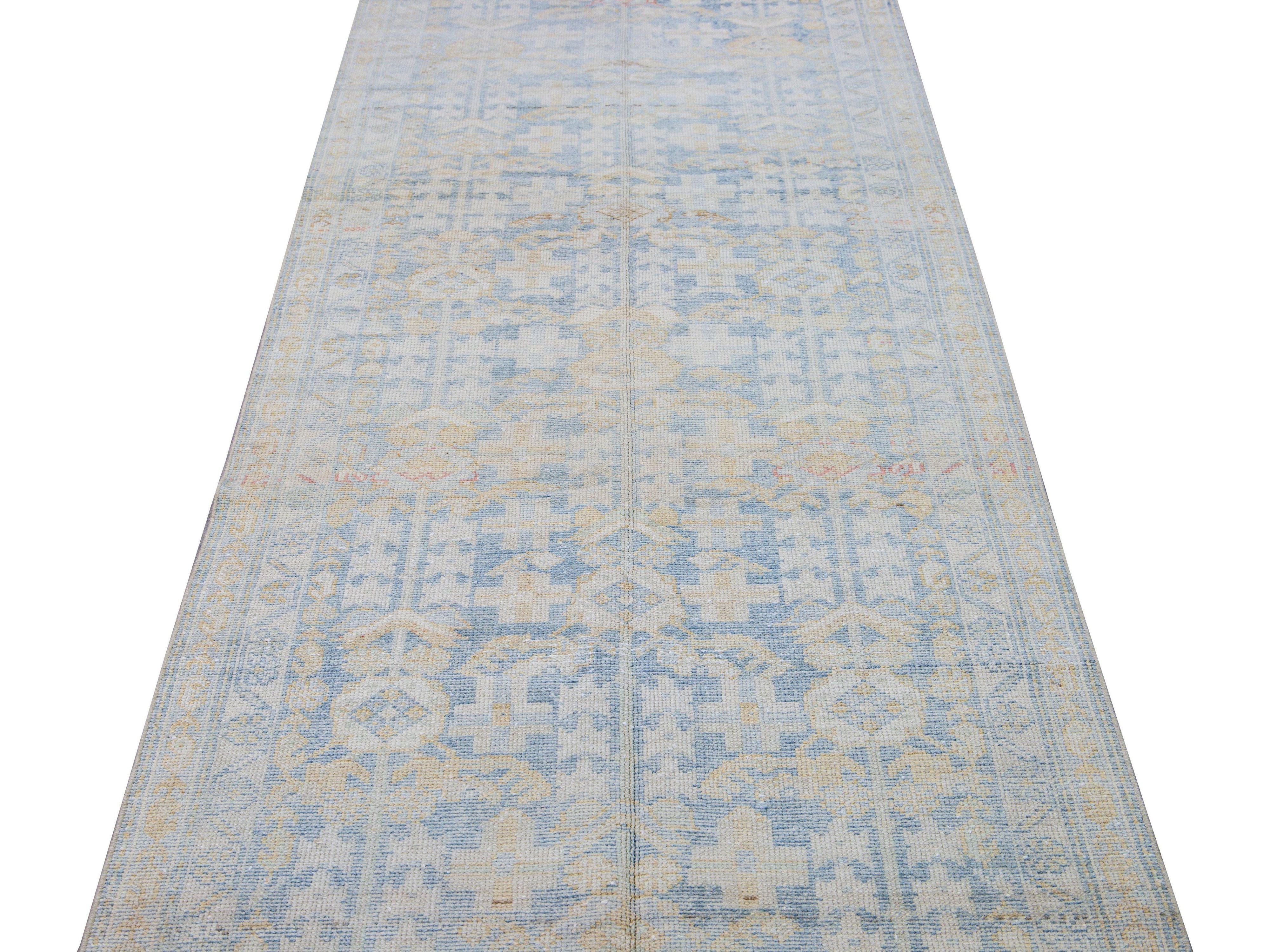 Vintage Malayer Handmade Medallion Floral Distressed Blue Wool Runner