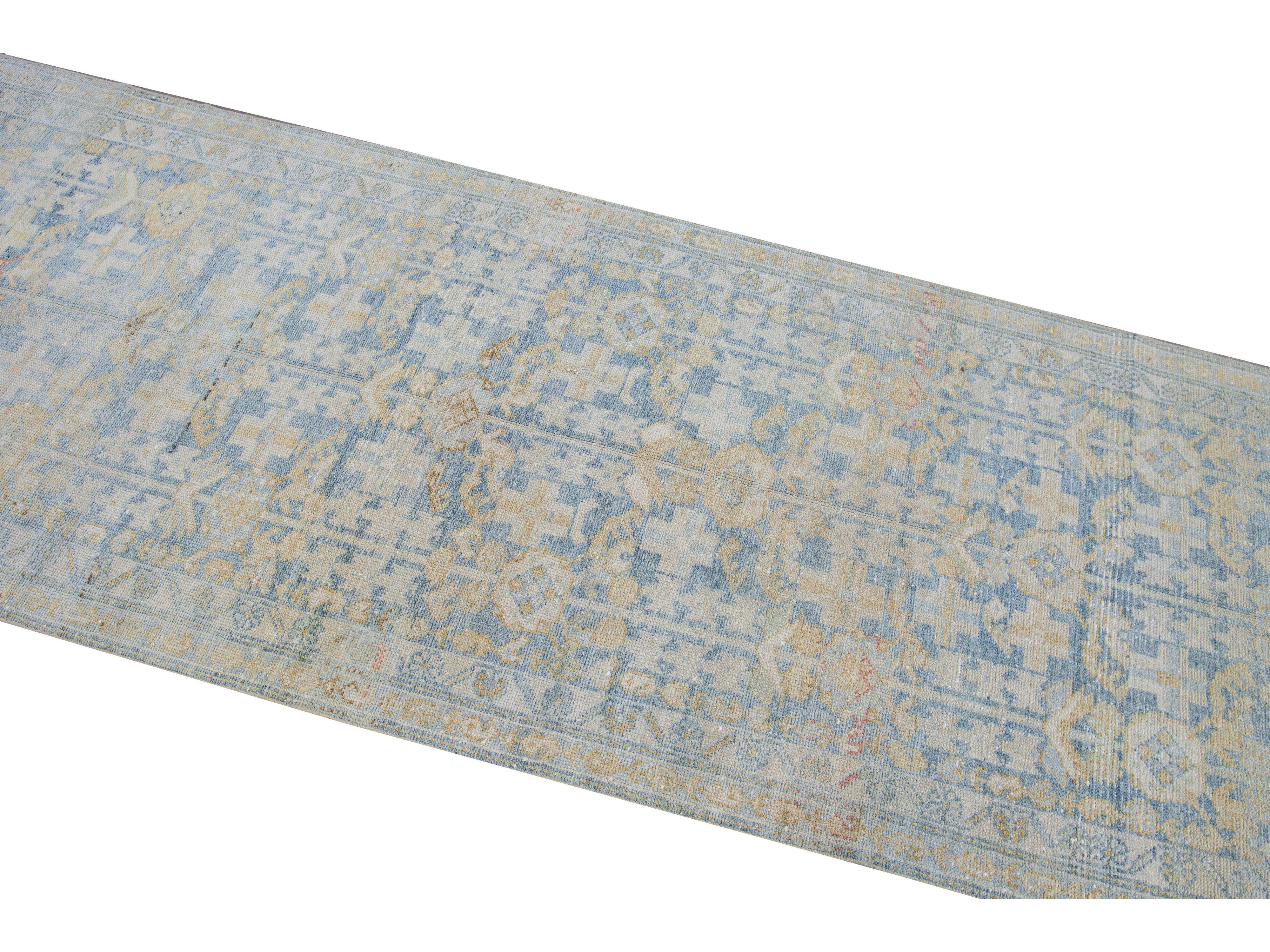 Vintage Malayer Handmade Medallion Floral Distressed Blue Wool Runner