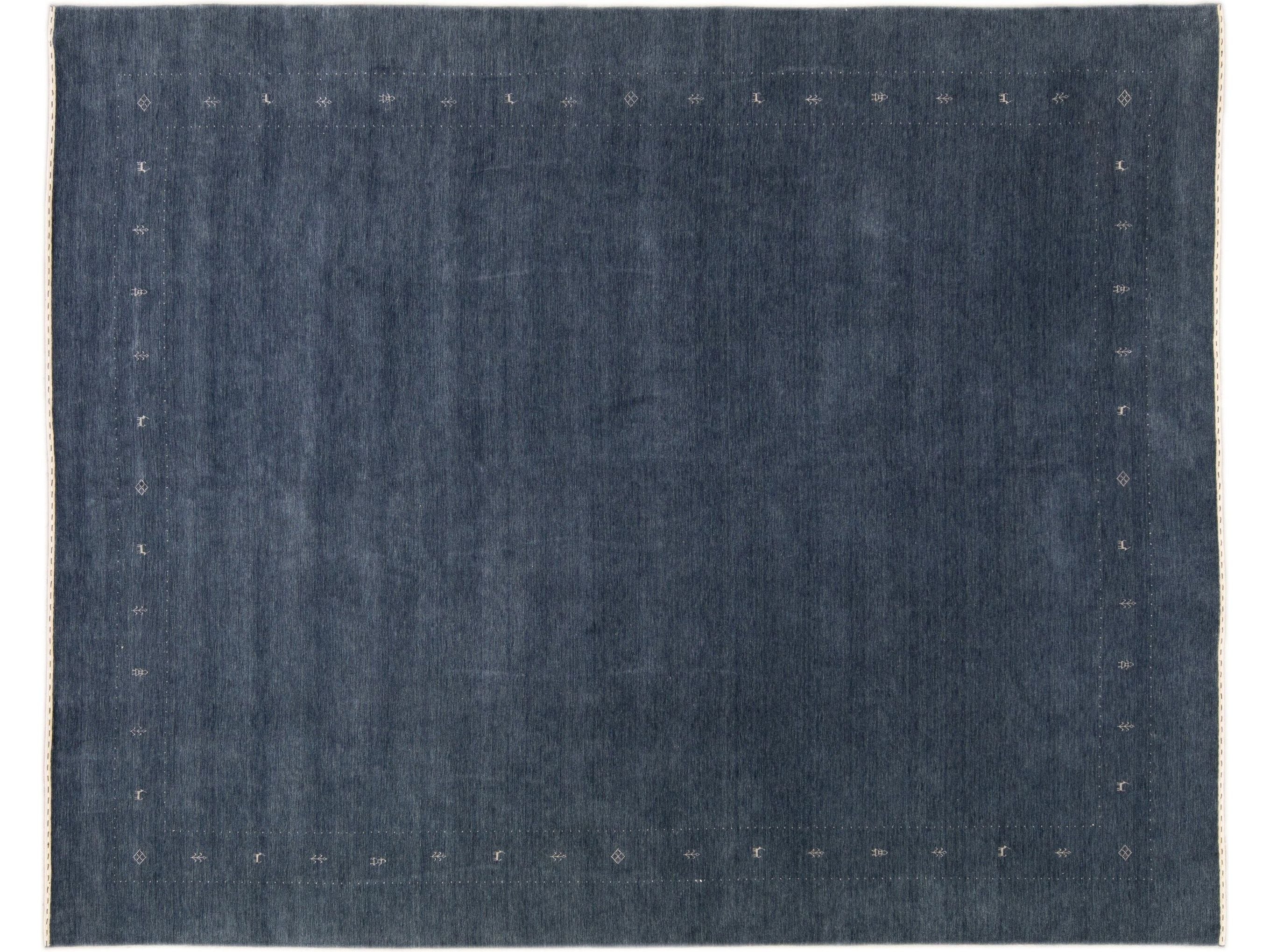 Modern Gabbeh Style Hand-Loom Minimalist Pattern Blue Wool Rug