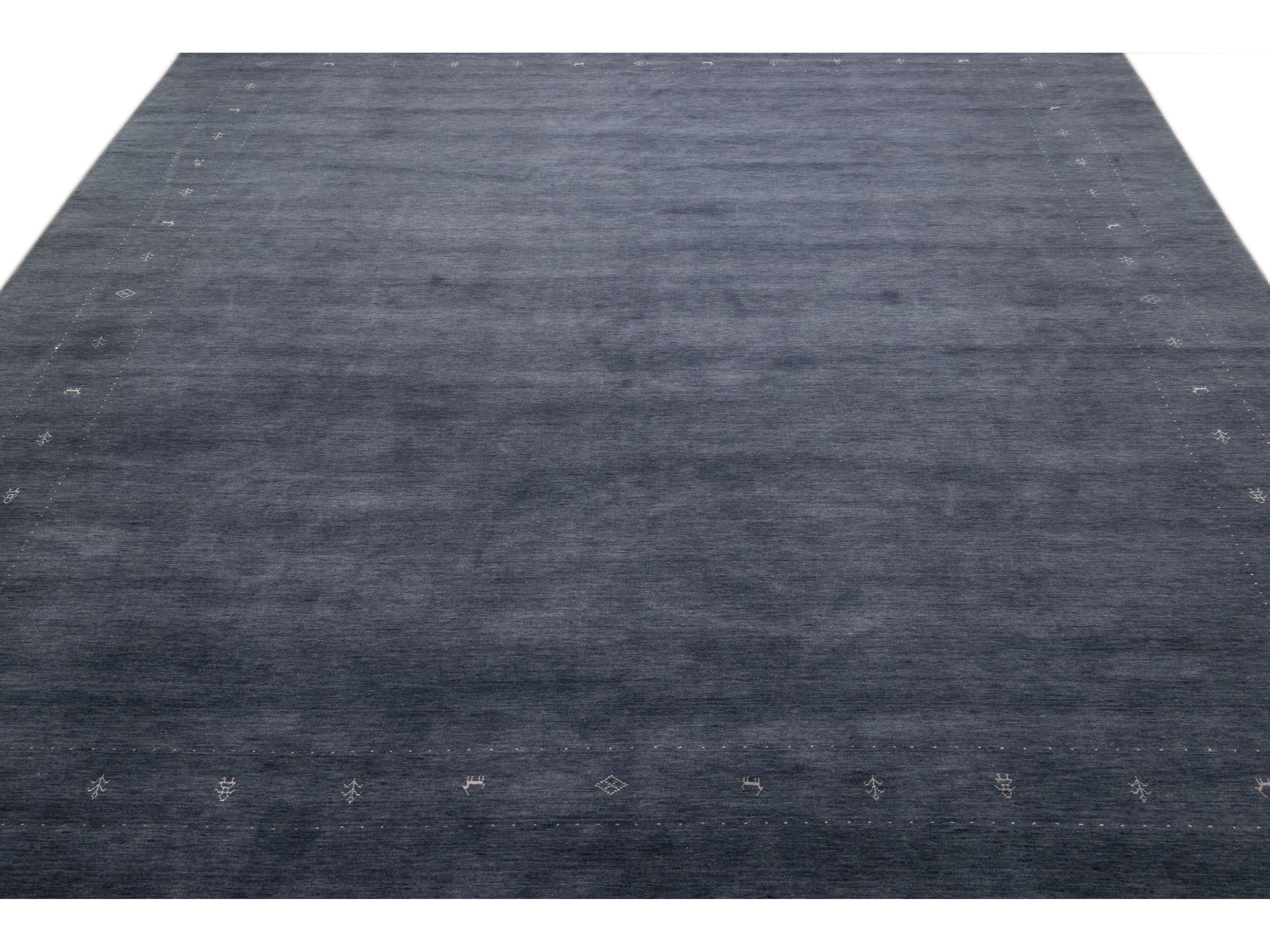 Modern Gabbeh Style Hand-Loom Minimalist Pattern Blue Wool Rug