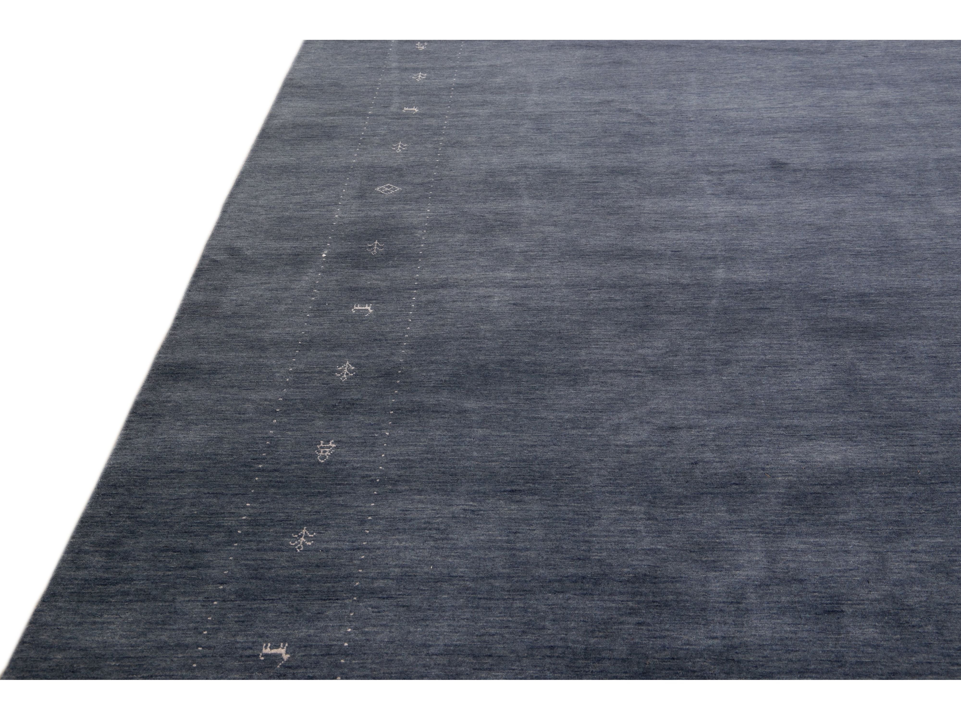 Modern Gabbeh Style Hand-Loom Minimalist Pattern Blue Wool Rug