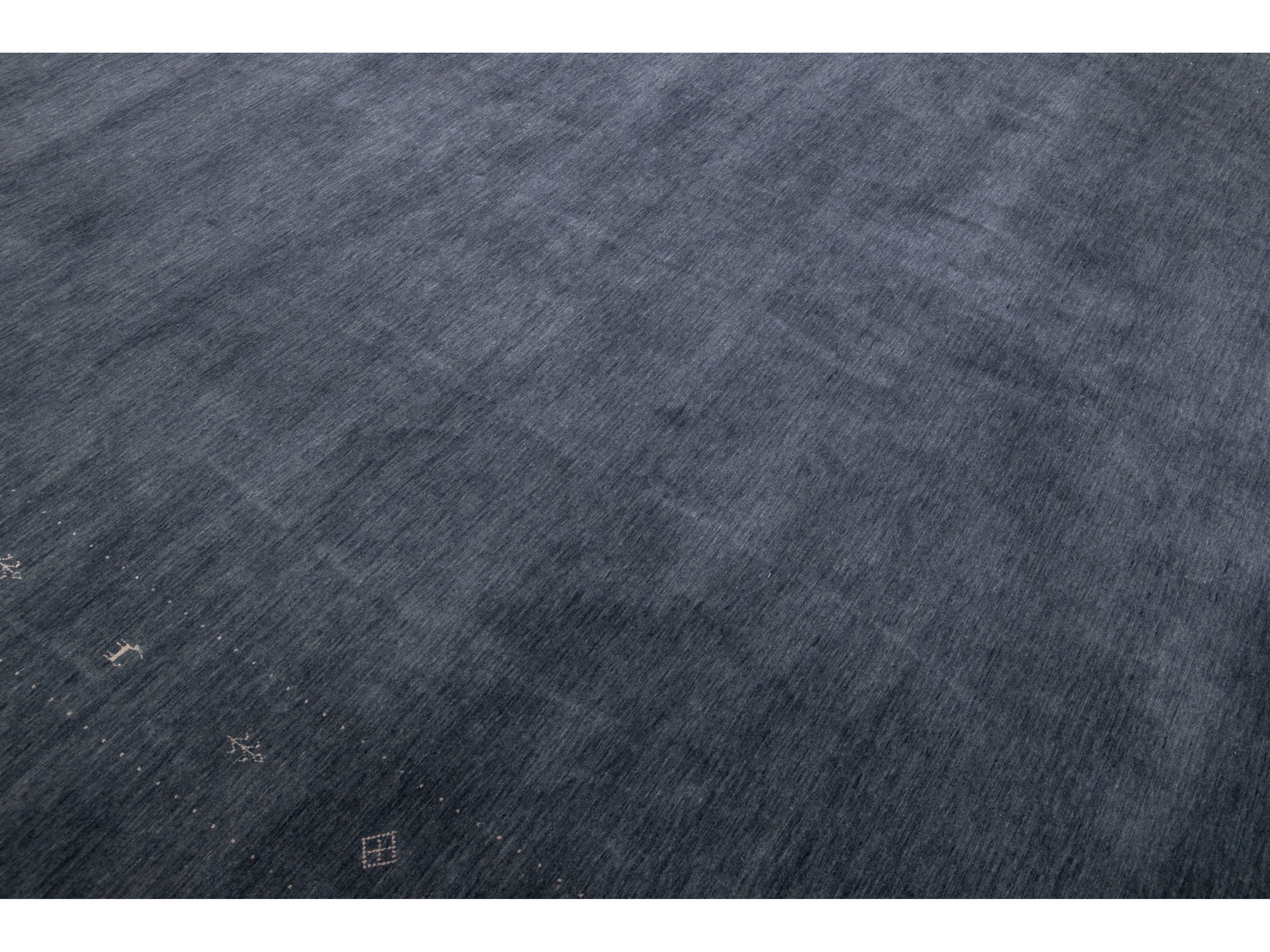 Modern Gabbeh Style Hand-Loom Minimalist Pattern Blue Wool Rug
