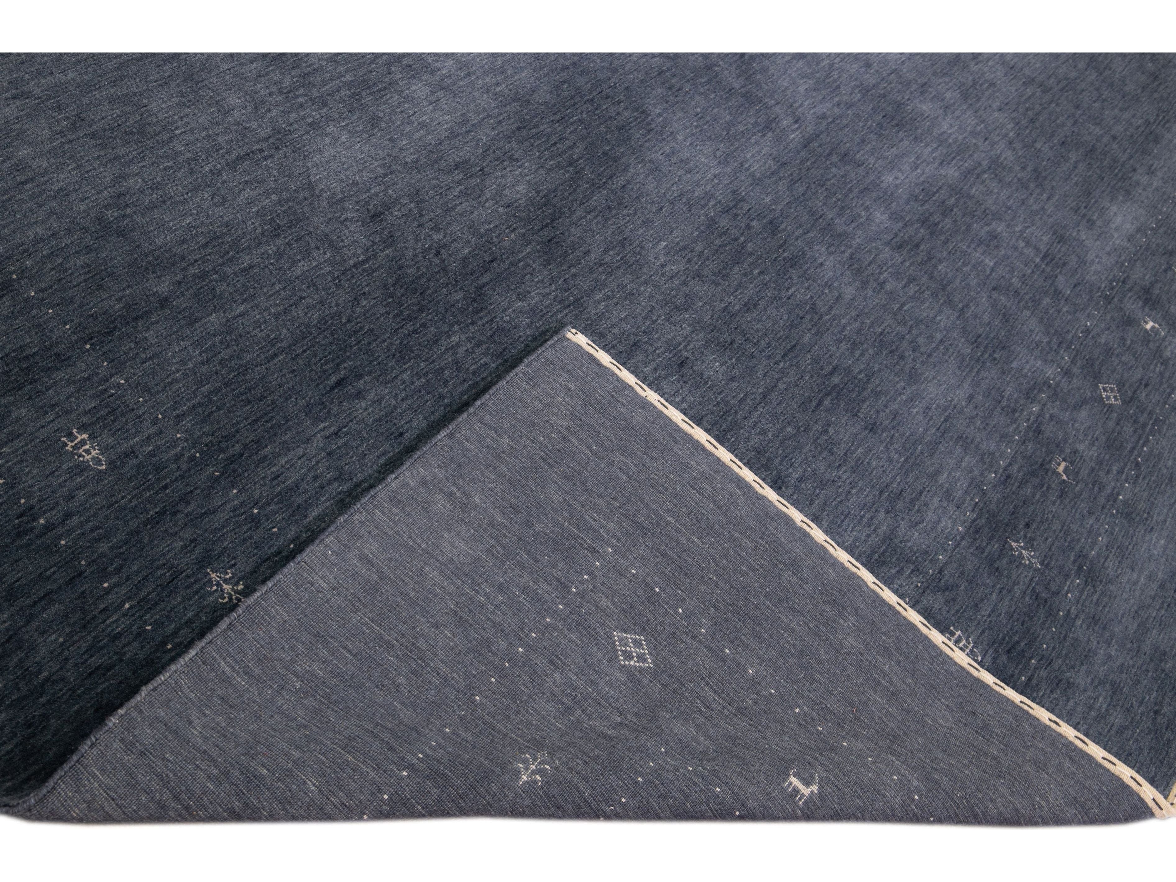Modern Gabbeh Style Hand-Loom Minimalist Pattern Blue Wool Rug