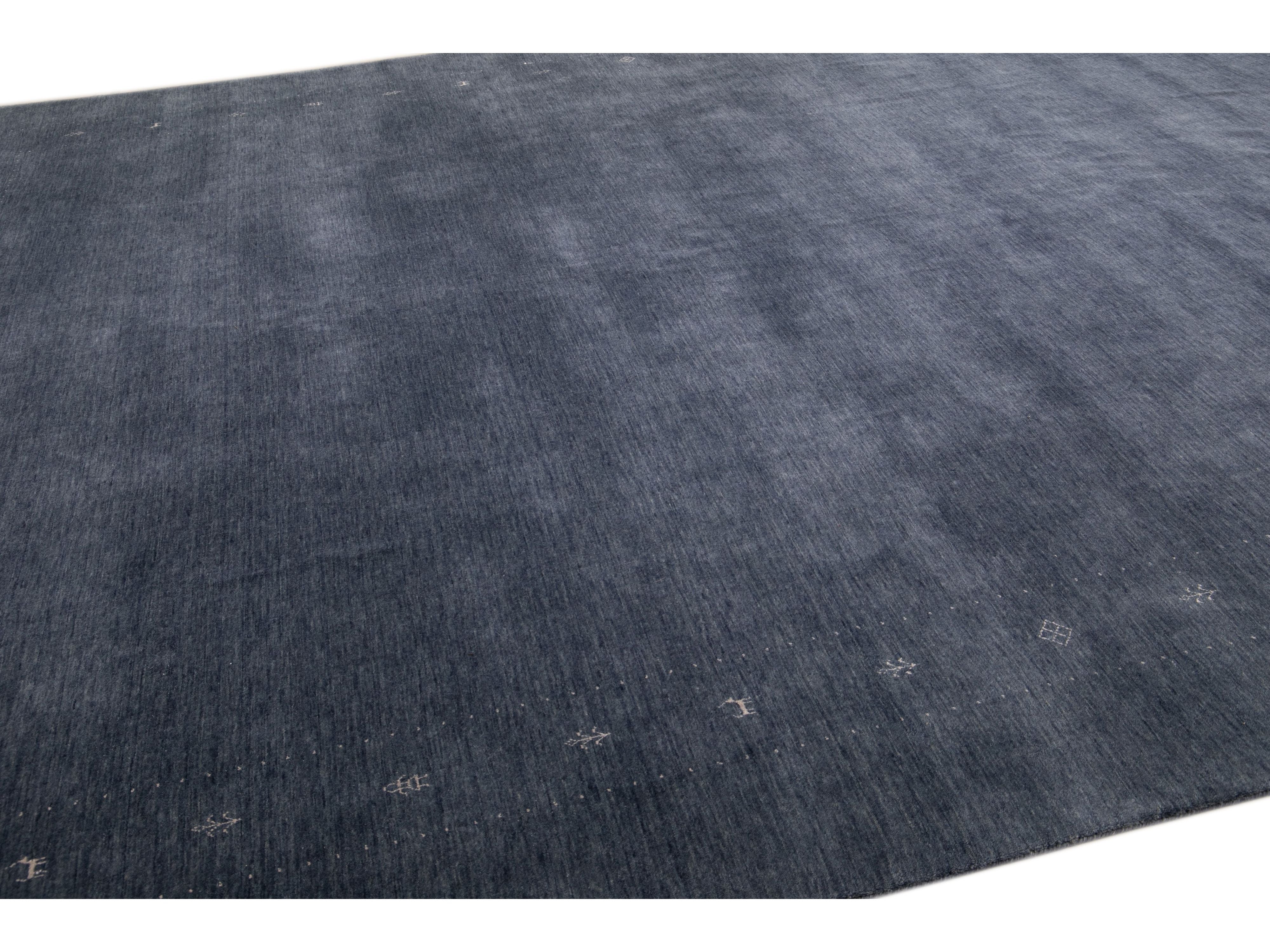 Modern Gabbeh Style Hand-Loom Minimalist Pattern Blue Wool Rug