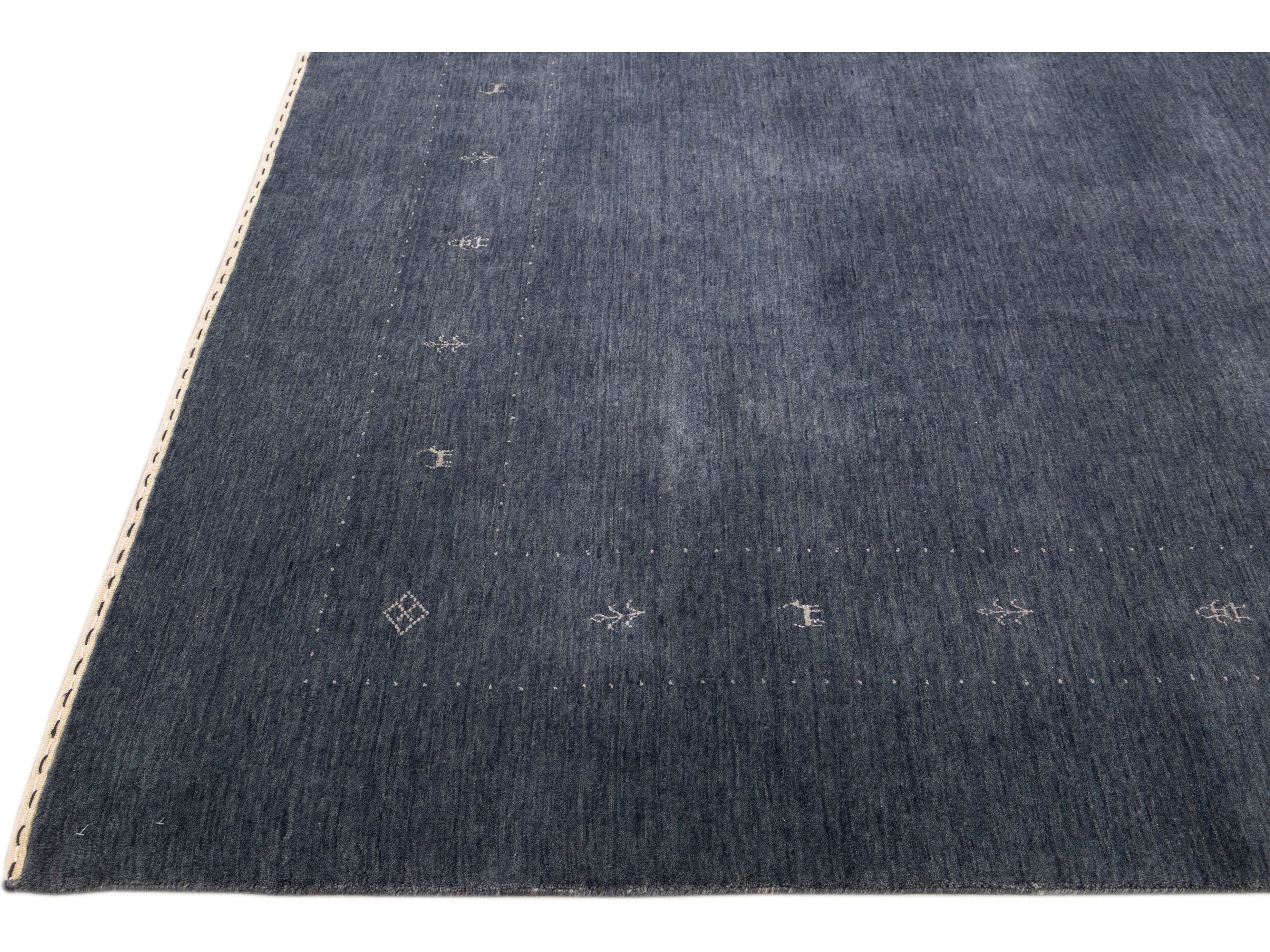 Modern Gabbeh Style Hand-Loom Minimalist Pattern Blue Wool Rug