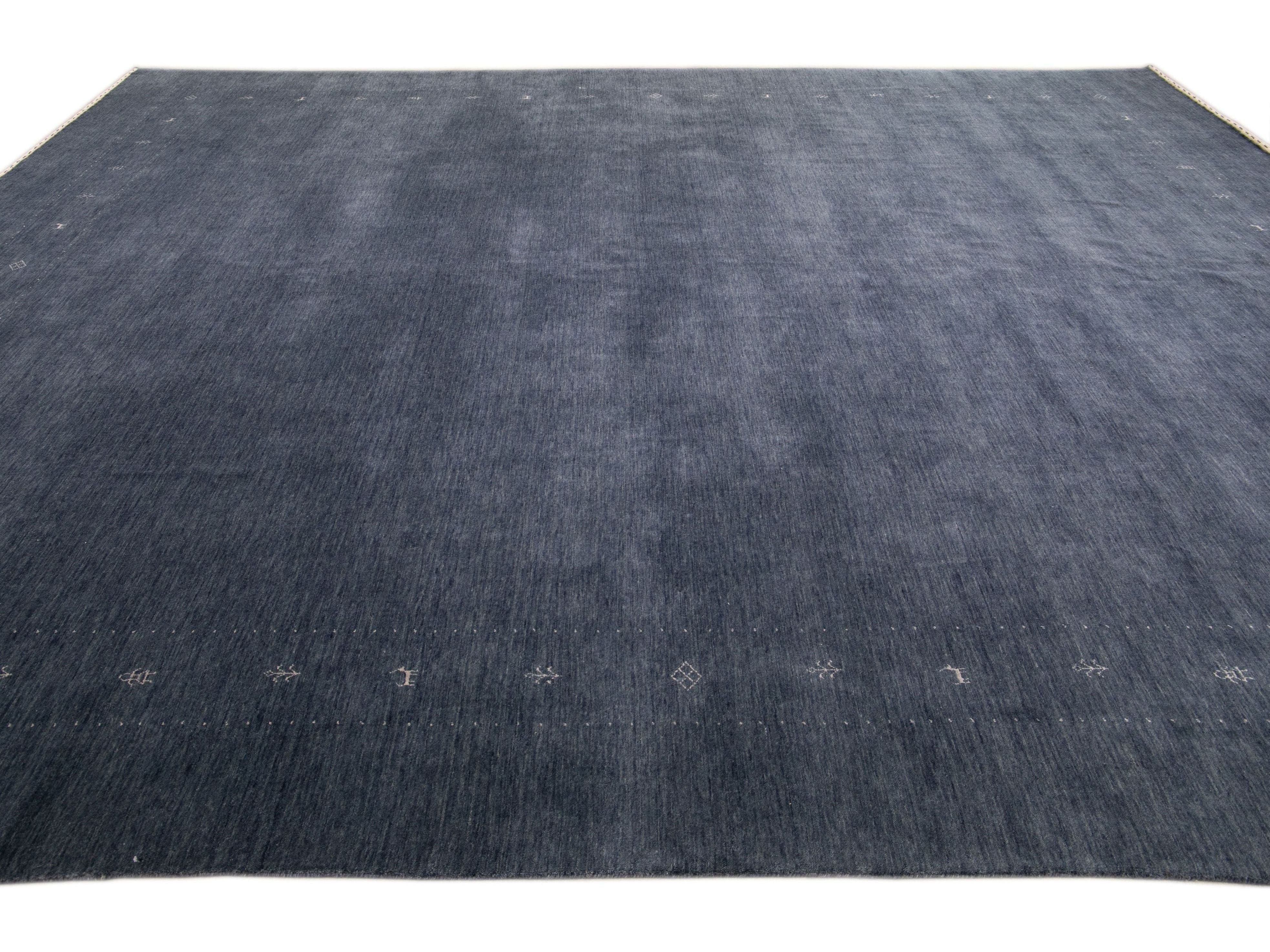 Modern Gabbeh Style Hand-Loom Minimalist Pattern Blue Wool Rug
