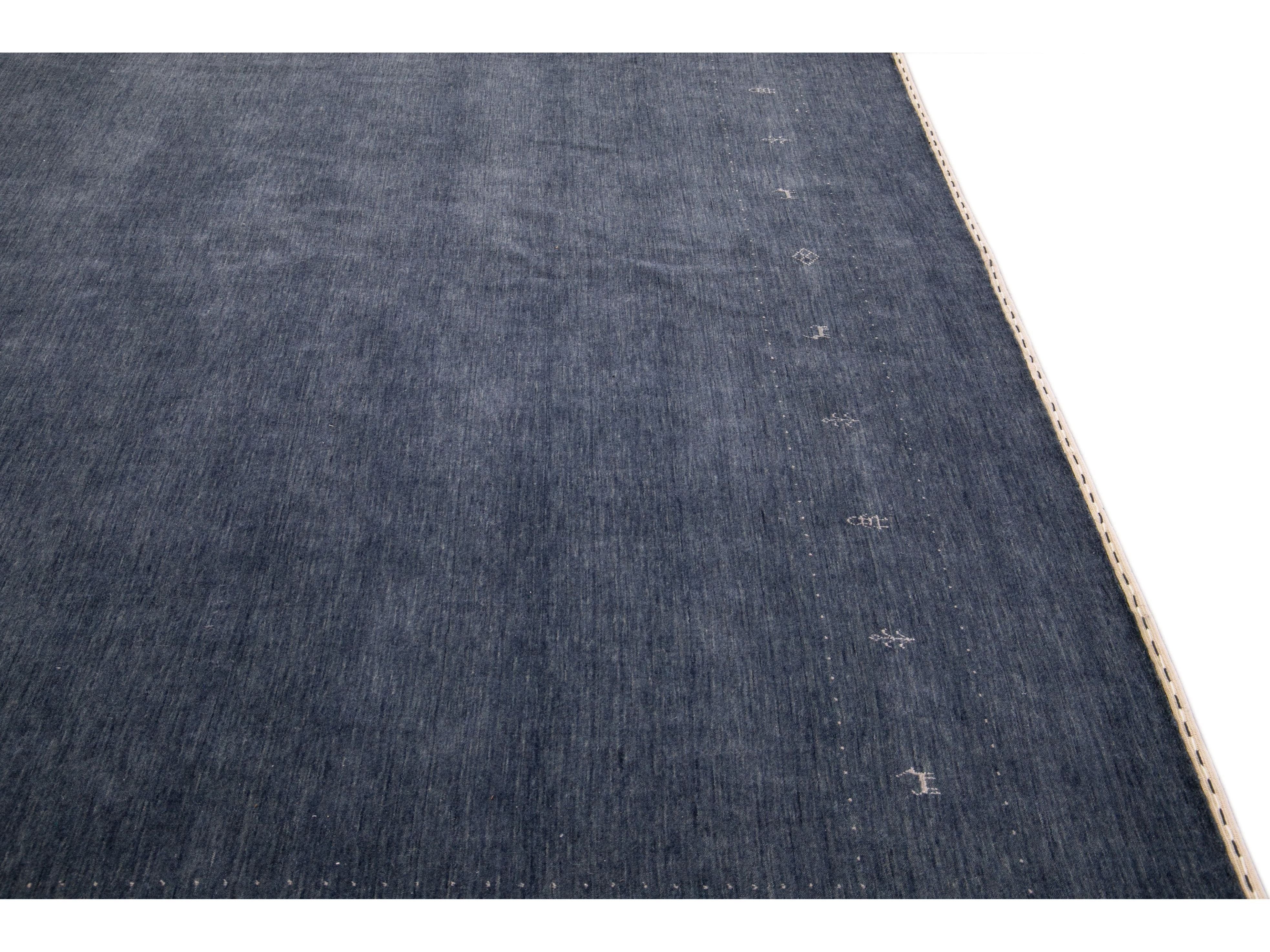 Modern Gabbeh Style Hand-Loom Minimalist Pattern Blue Wool Rug