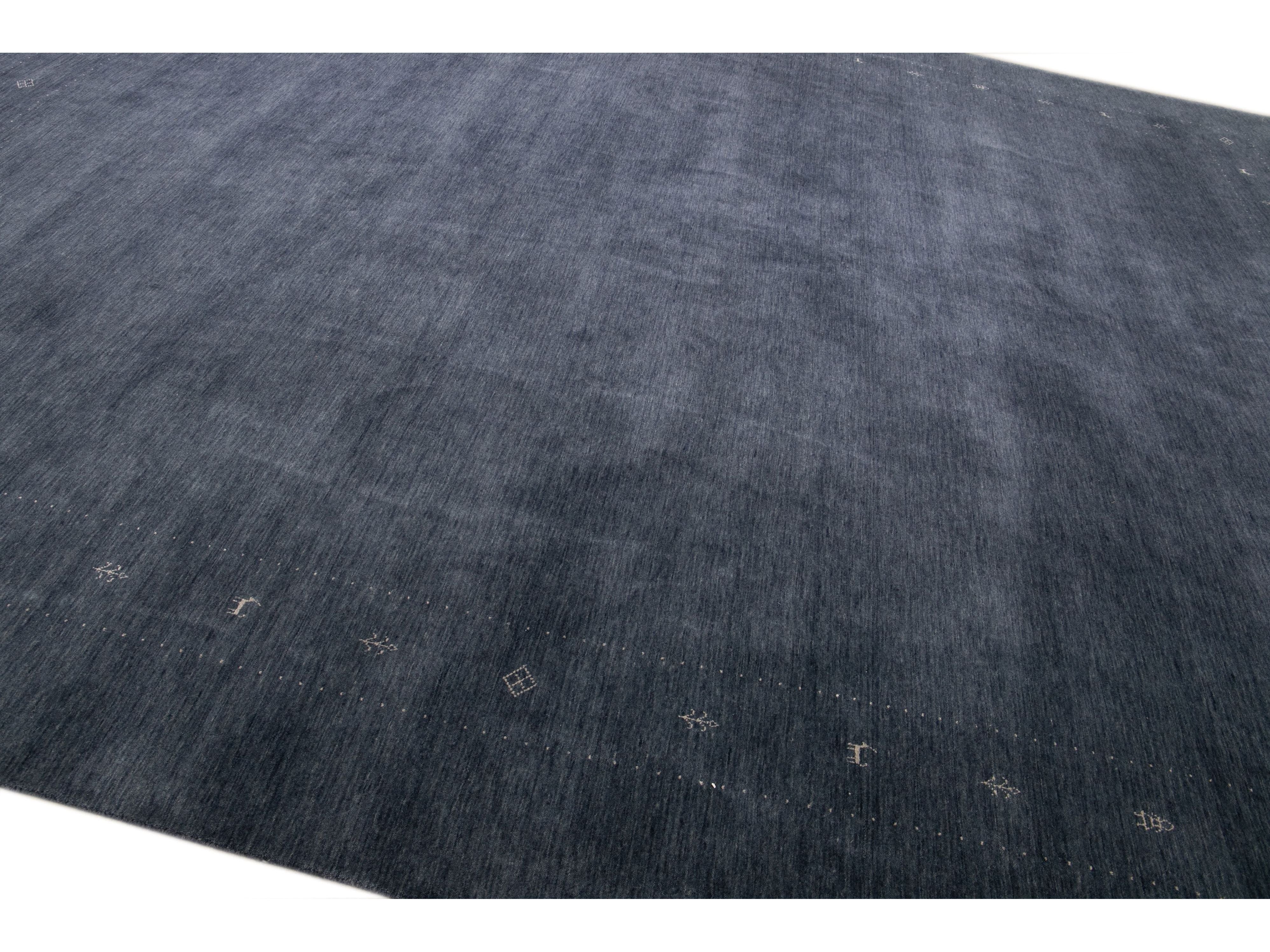 Modern Gabbeh Style Hand-Loom Minimalist Pattern Blue Wool Rug
