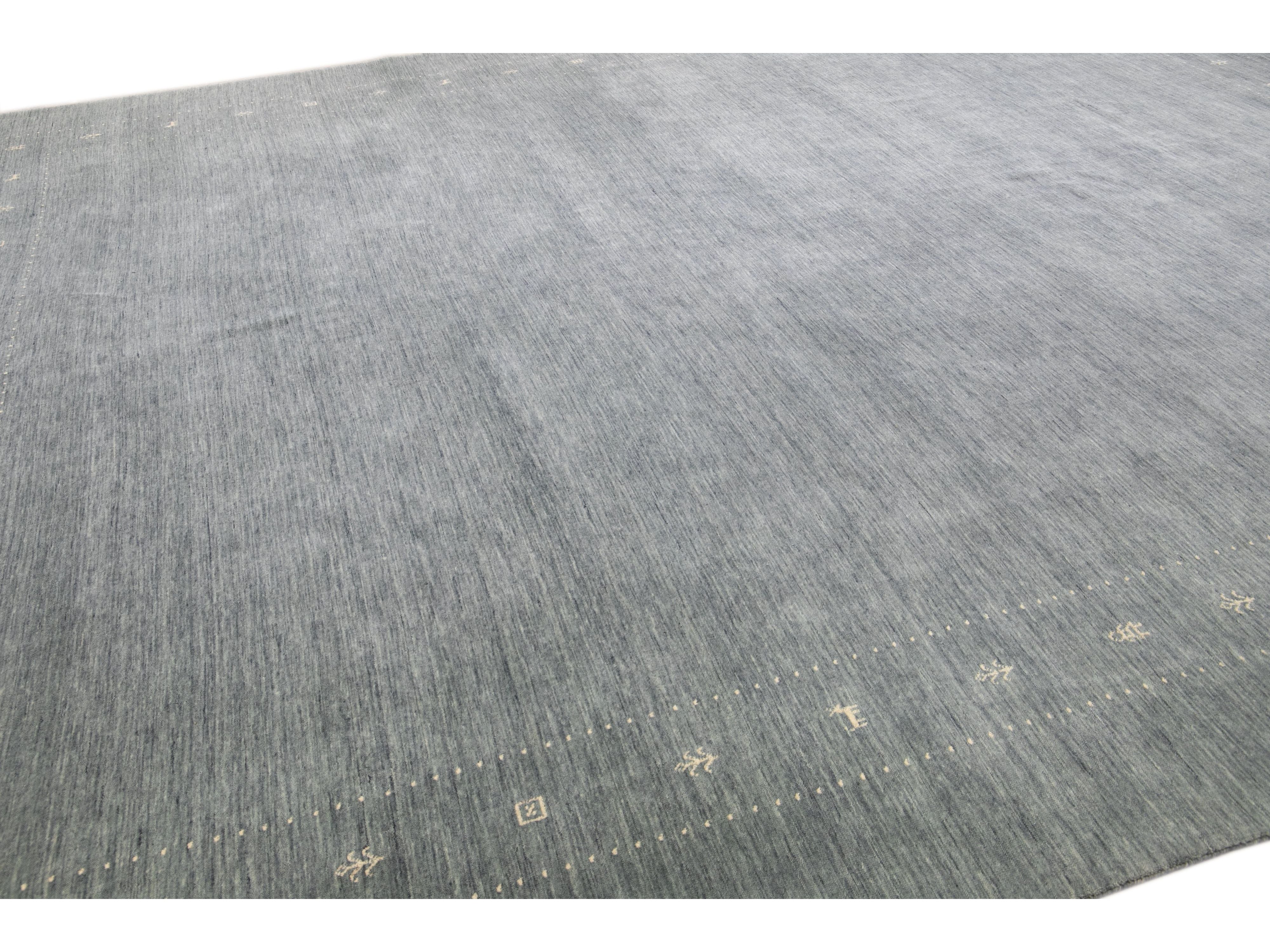 Modern Gabbeh Style Gray Hand-Loom Minimalist Pattern Wool Rug