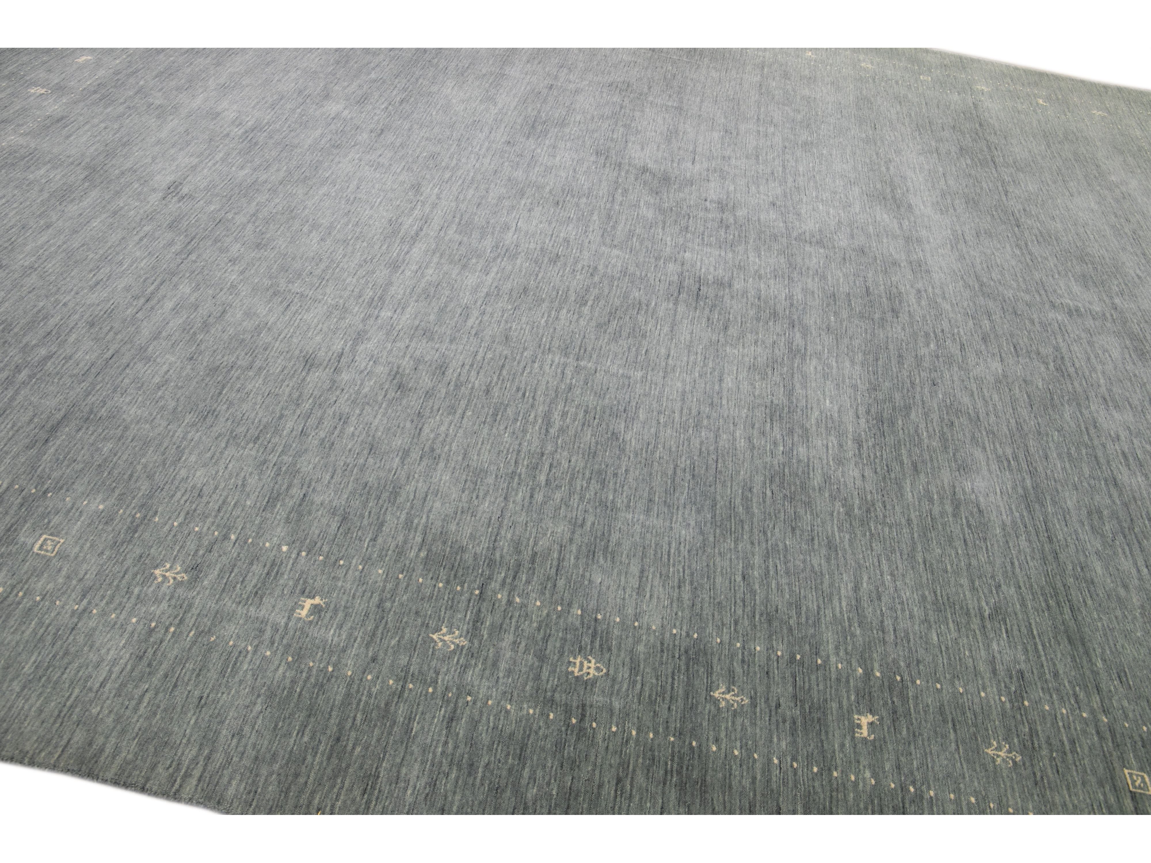 Modern Gabbeh Style Gray Hand-Loom Minimalist Pattern Wool Rug