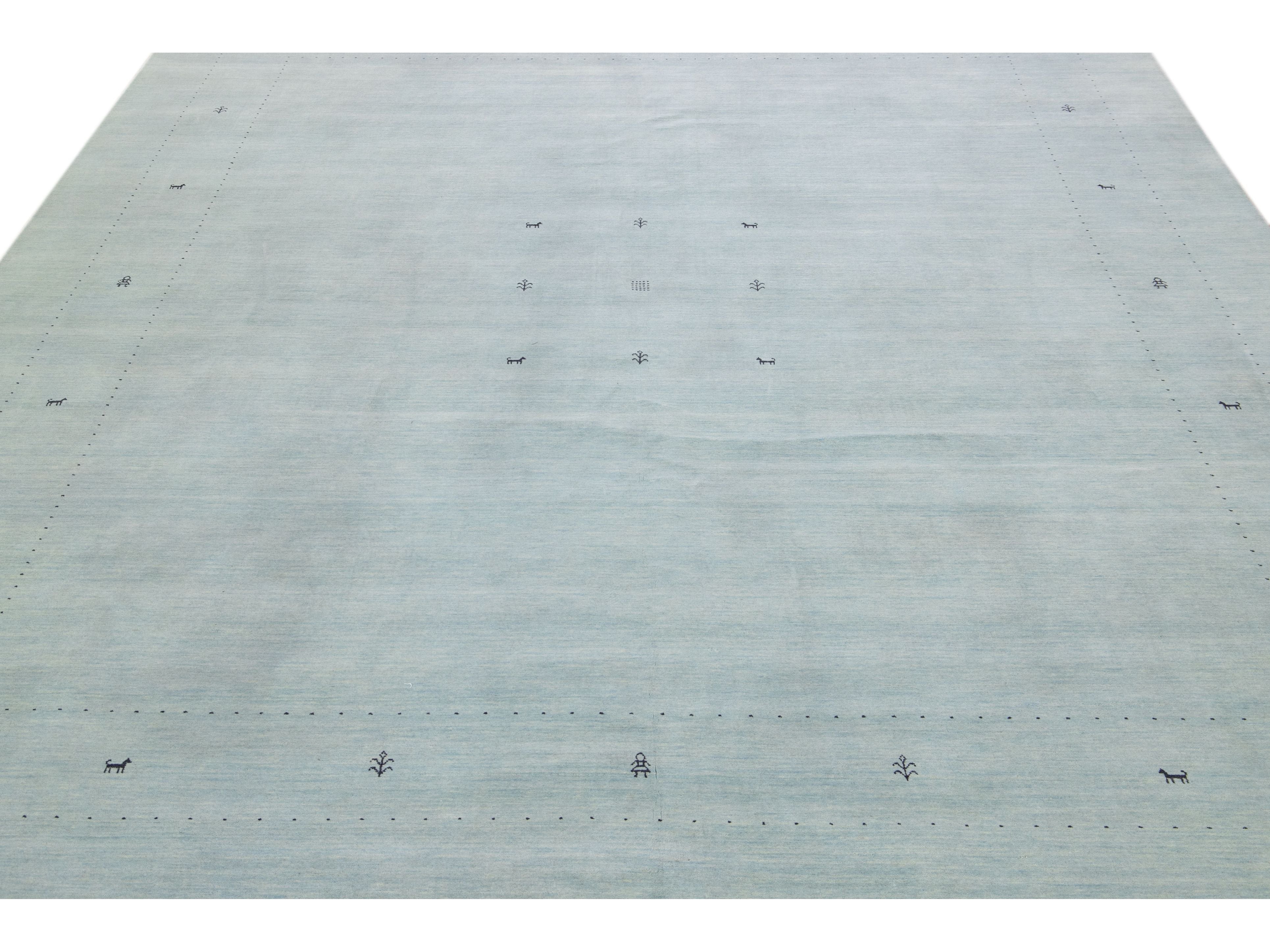 Modern Gabbeh Style Hand-Loom Minimalist Pattern Light Blue Wool Rug