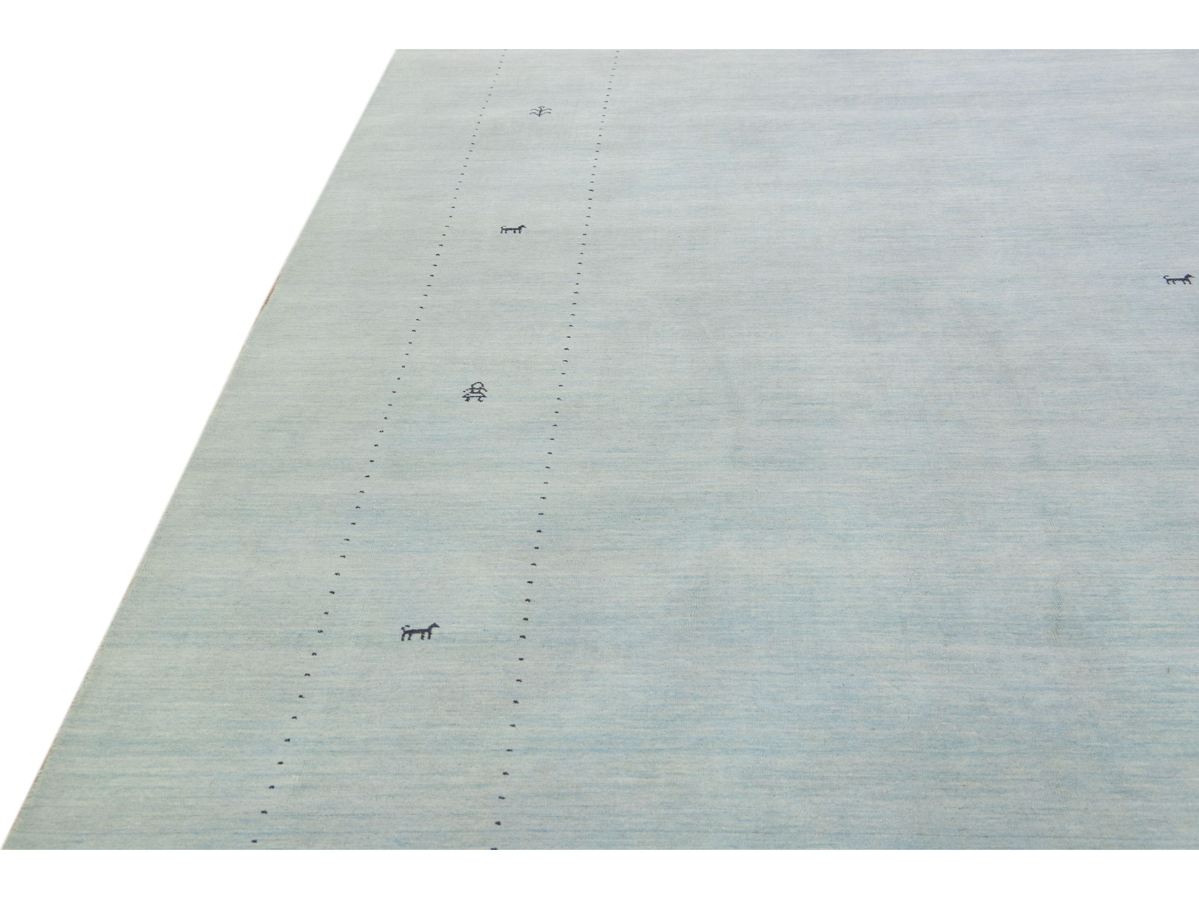 Modern Gabbeh Style Hand-Loom Minimalist Pattern Light Blue Wool Rug