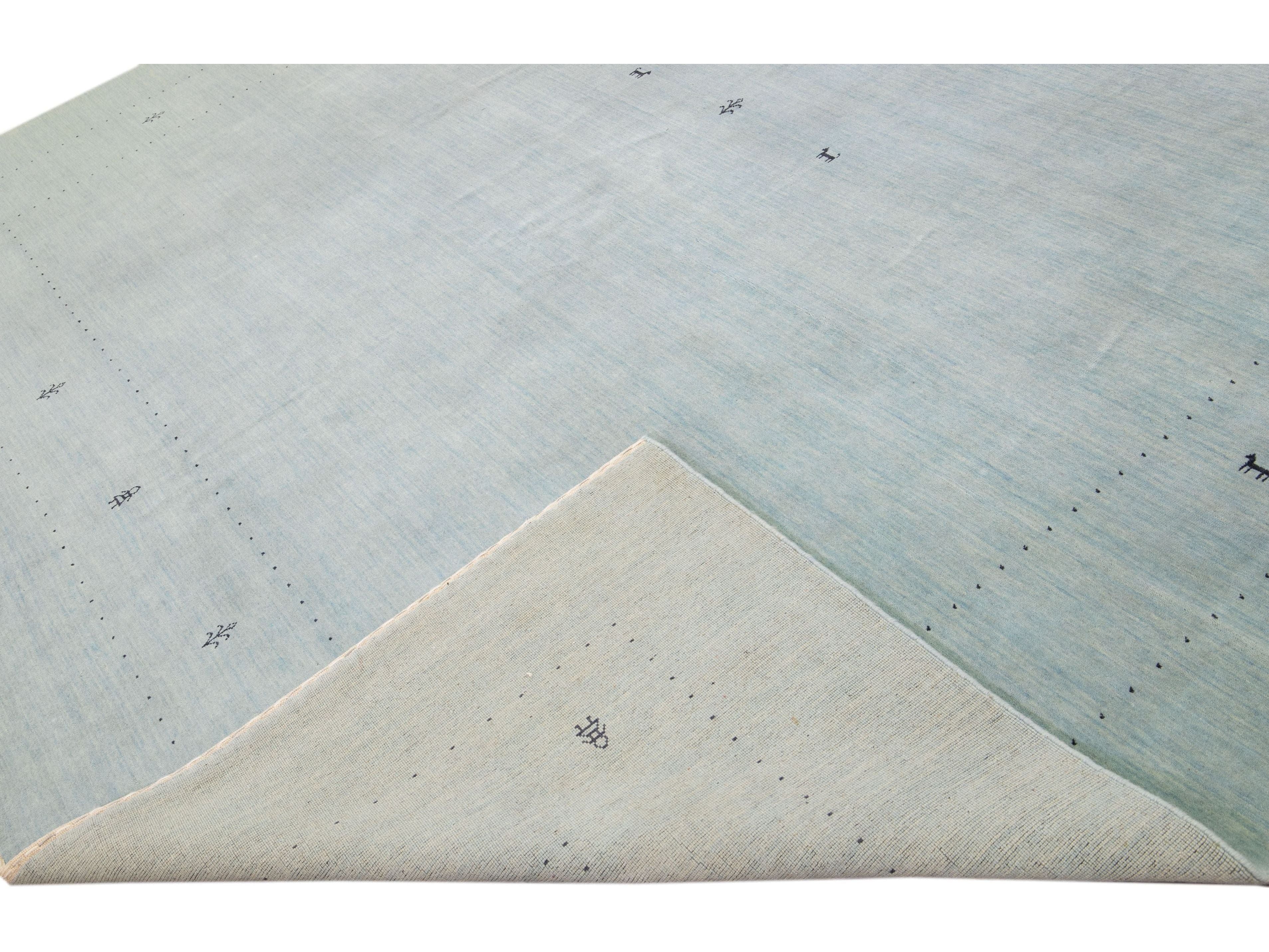 Modern Gabbeh Style Hand-Loom Minimalist Pattern Light Blue Wool Rug