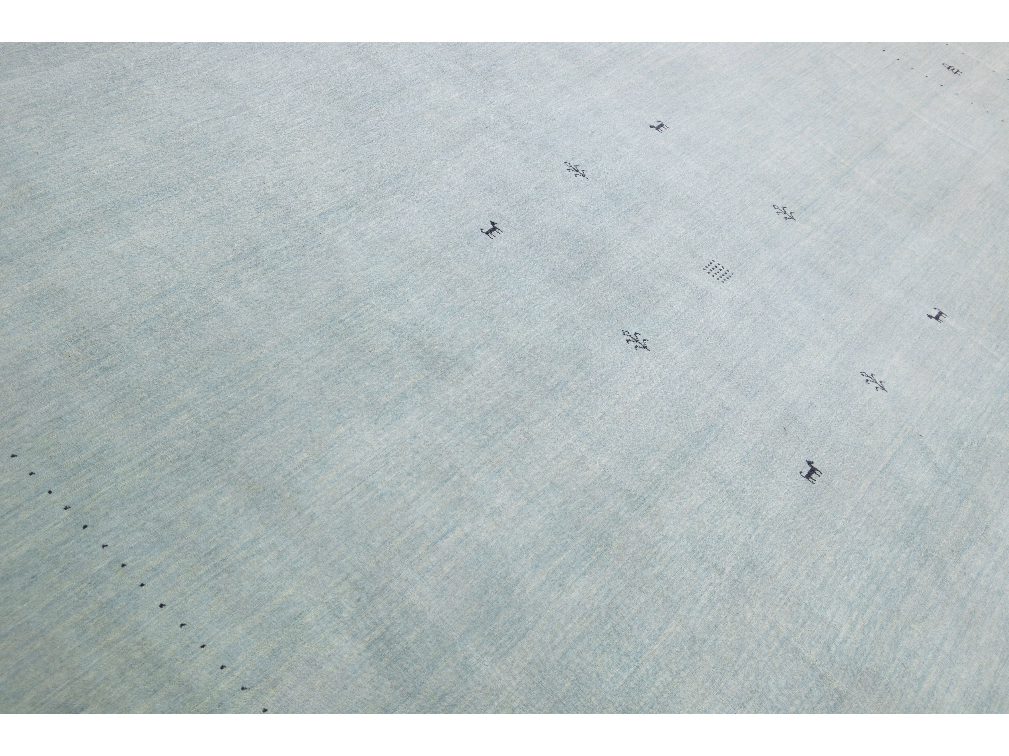 Modern Gabbeh Style Hand-Loom Minimalist Pattern Light Blue Wool Rug