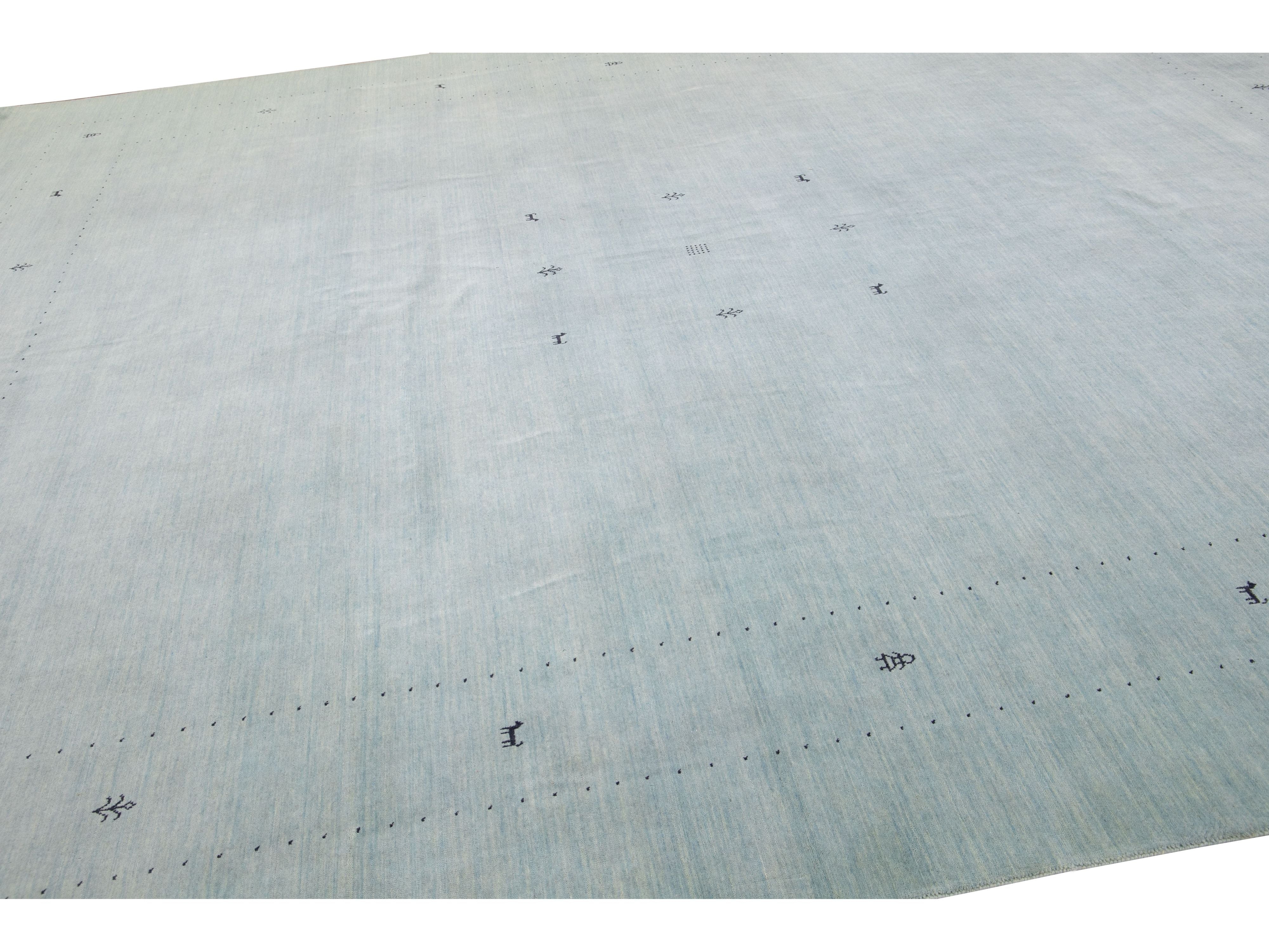 Modern Gabbeh Style Hand-Loom Minimalist Pattern Light Blue Wool Rug