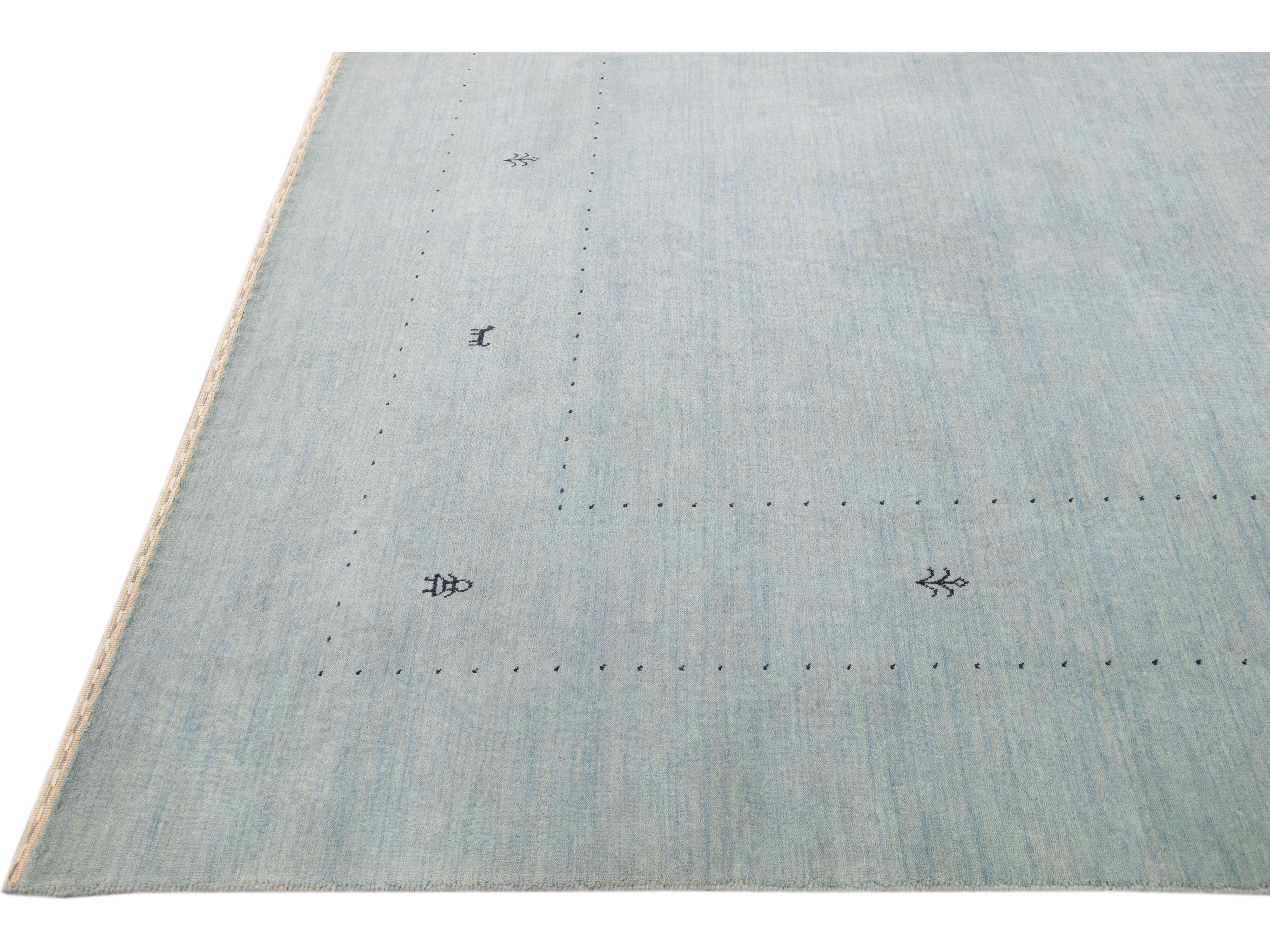 Modern Gabbeh Style Hand-Loom Minimalist Pattern Light Blue Wool Rug