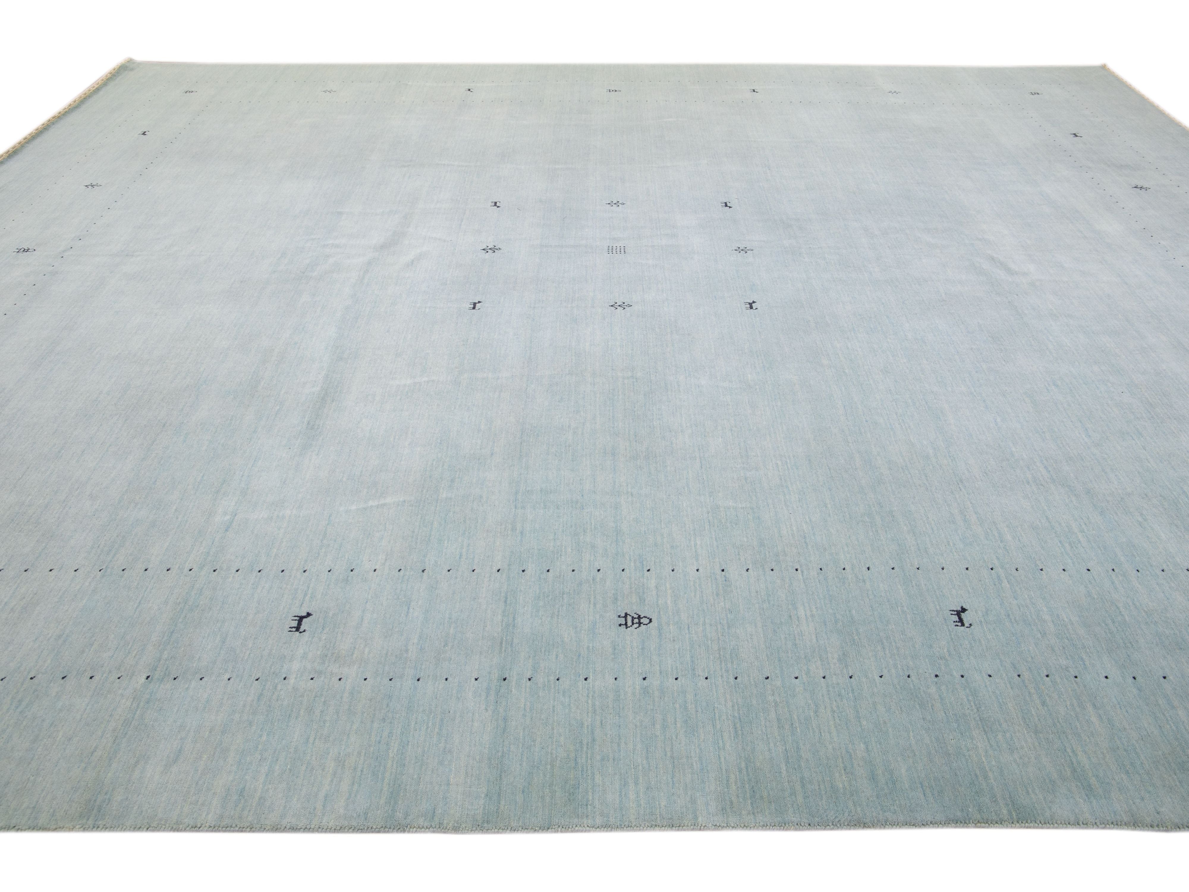 Modern Gabbeh Style Hand-Loom Minimalist Pattern Light Blue Wool Rug