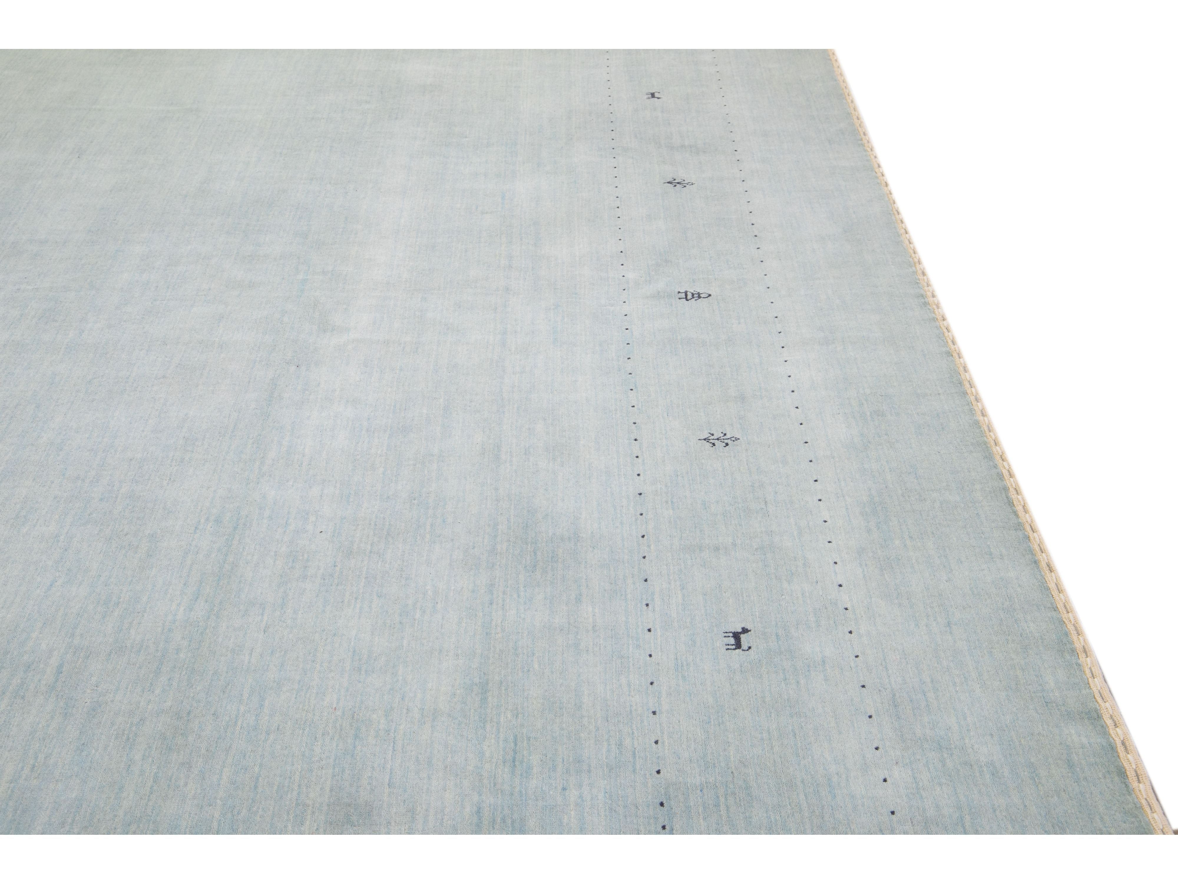 Modern Gabbeh Style Hand-Loom Minimalist Pattern Light Blue Wool Rug