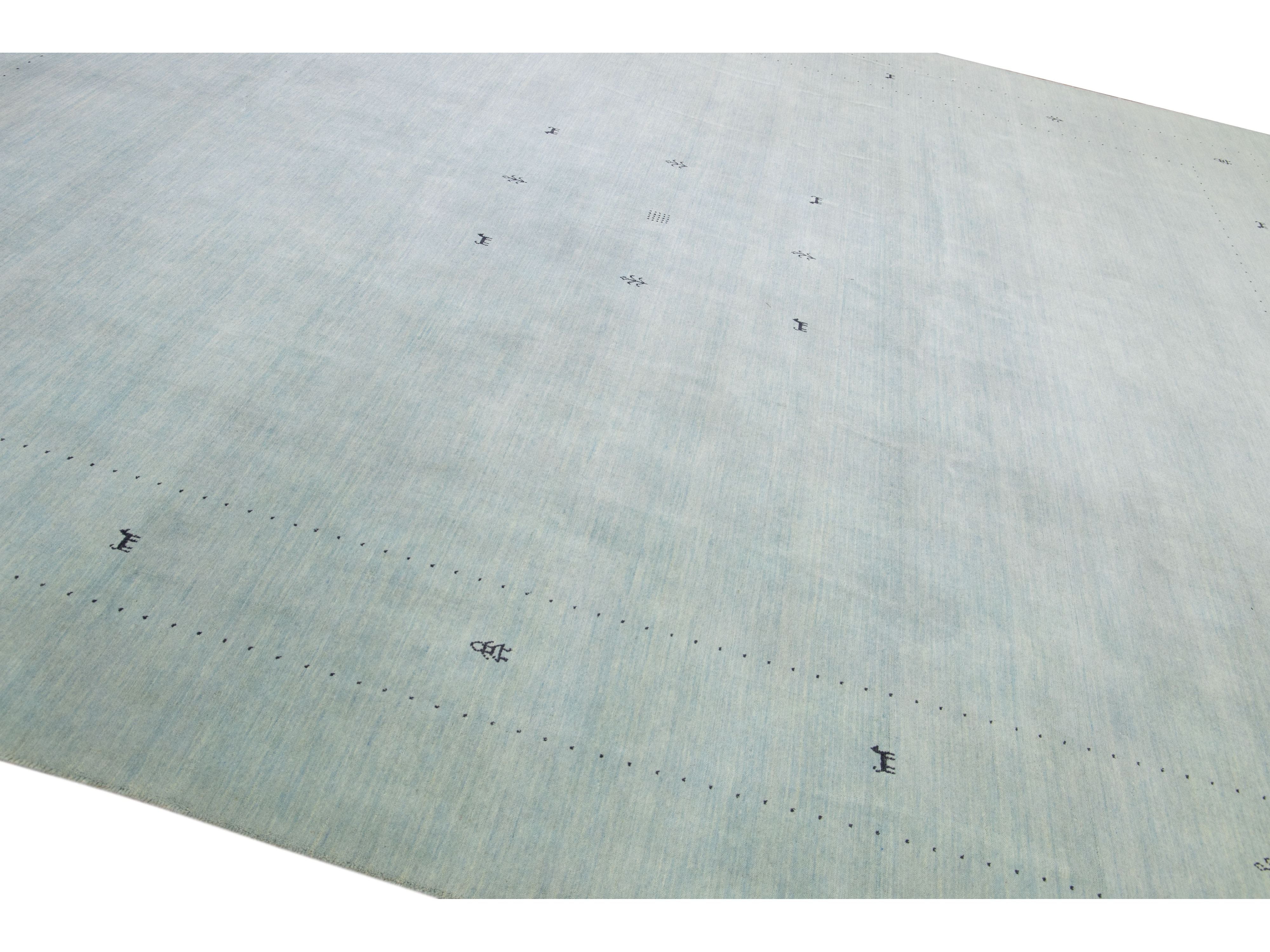 Modern Gabbeh Style Hand-Loom Minimalist Pattern Light Blue Wool Rug