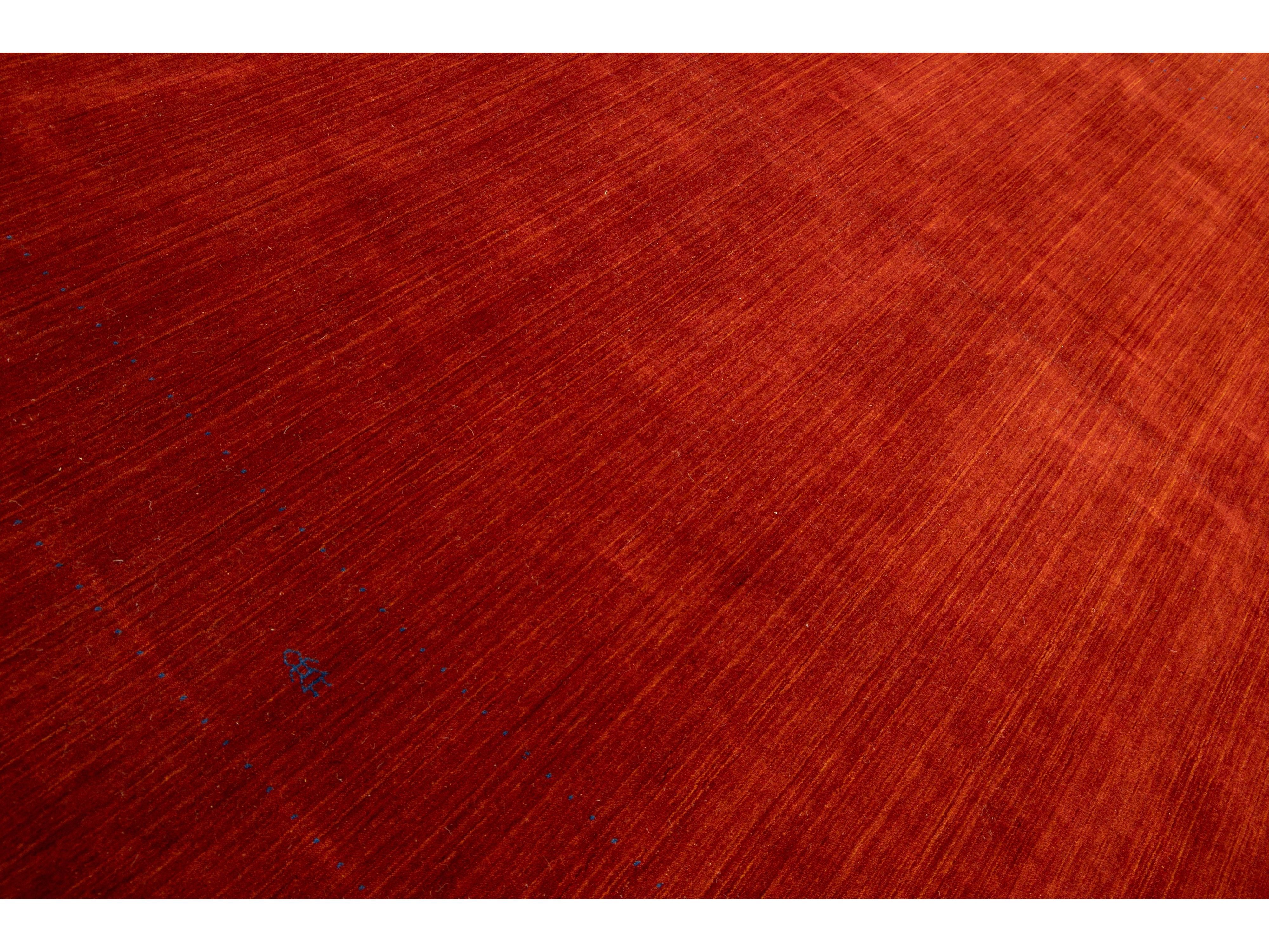 Modern Gabbeh Style Red Hand-Loom Minimalist Pattern Wool Rug