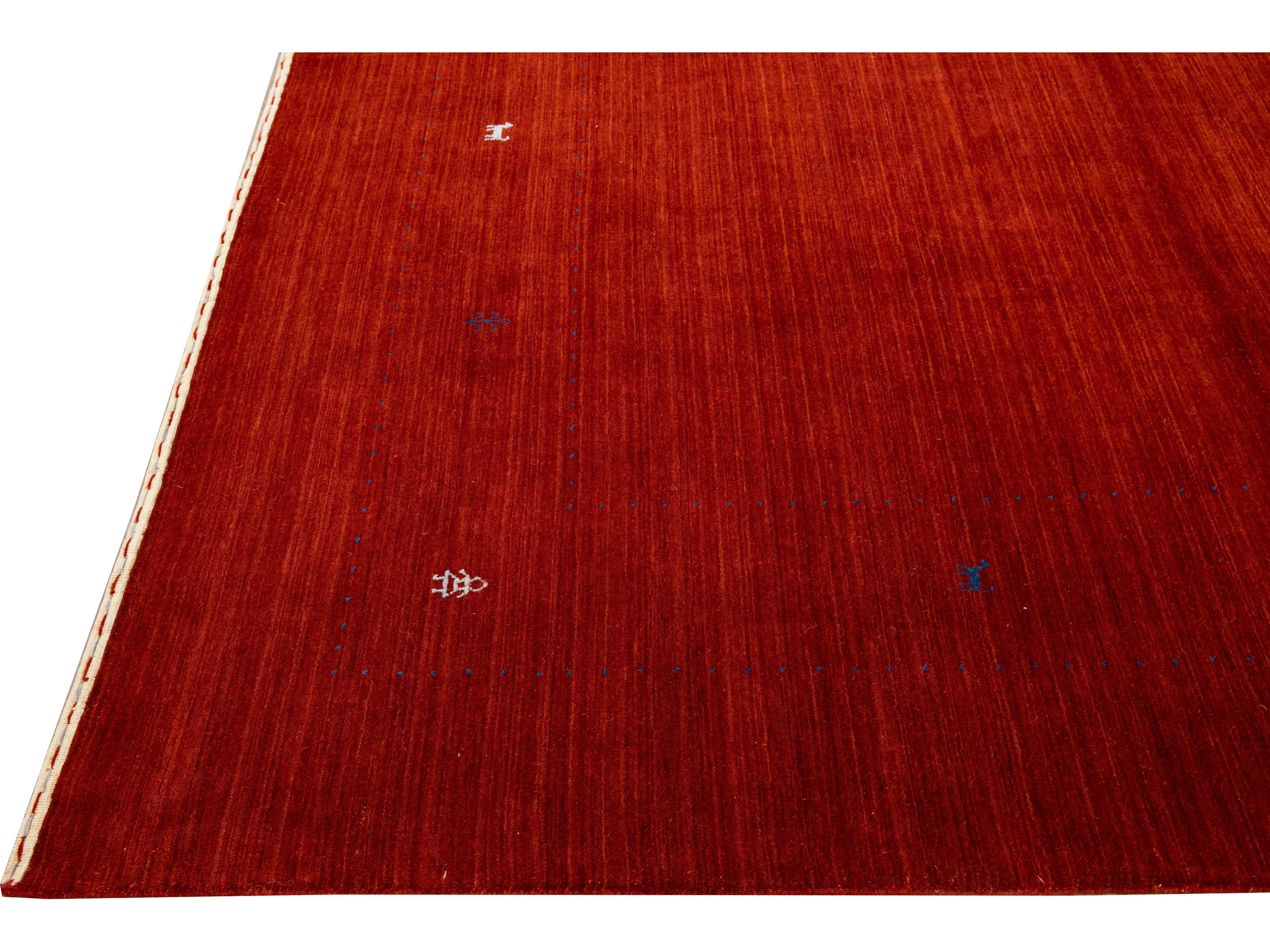 Modern Gabbeh Style Red Hand-Loom Minimalist Pattern Wool Rug