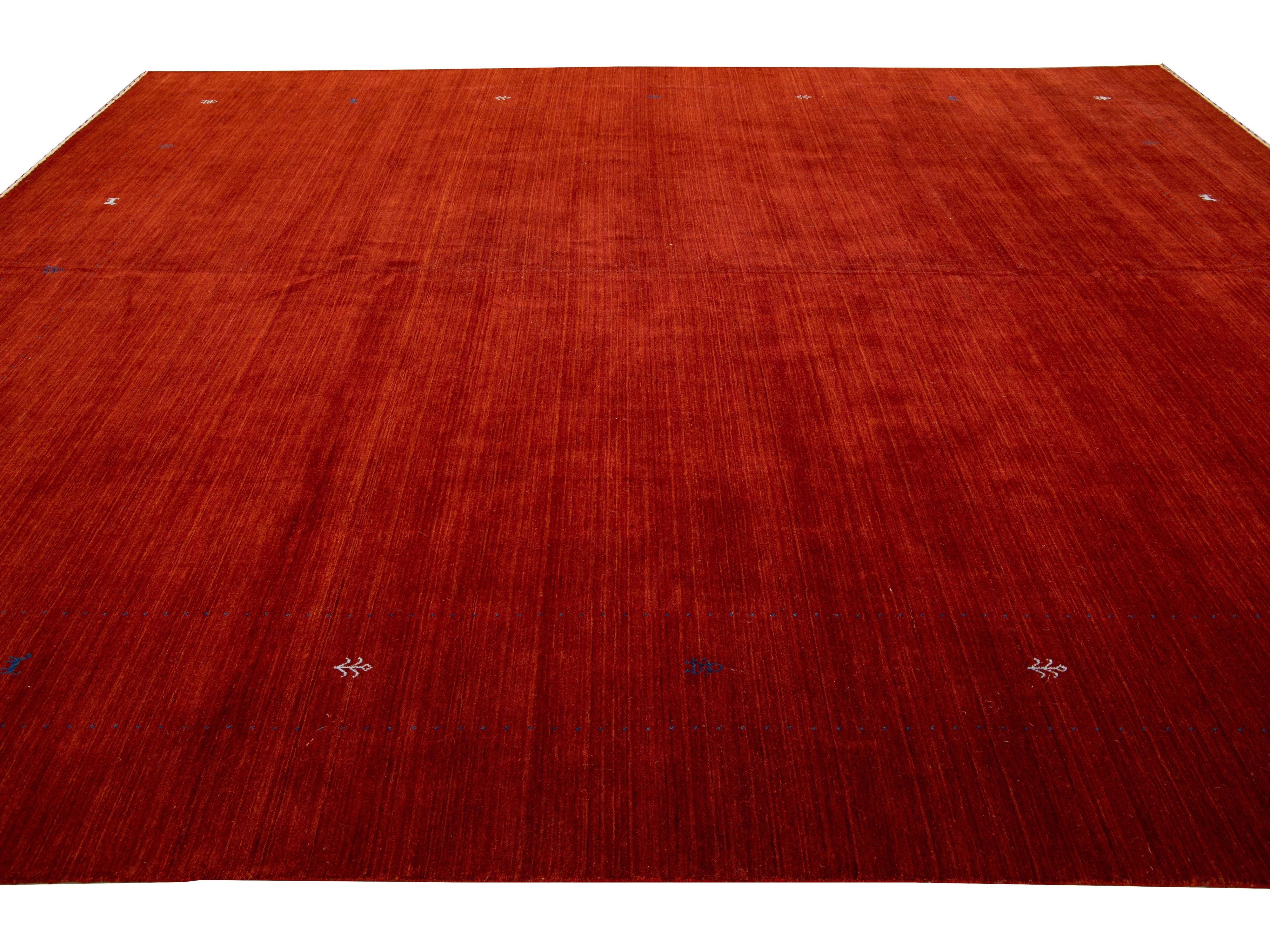 Modern Gabbeh Style Red Hand-Loom Minimalist Pattern Wool Rug