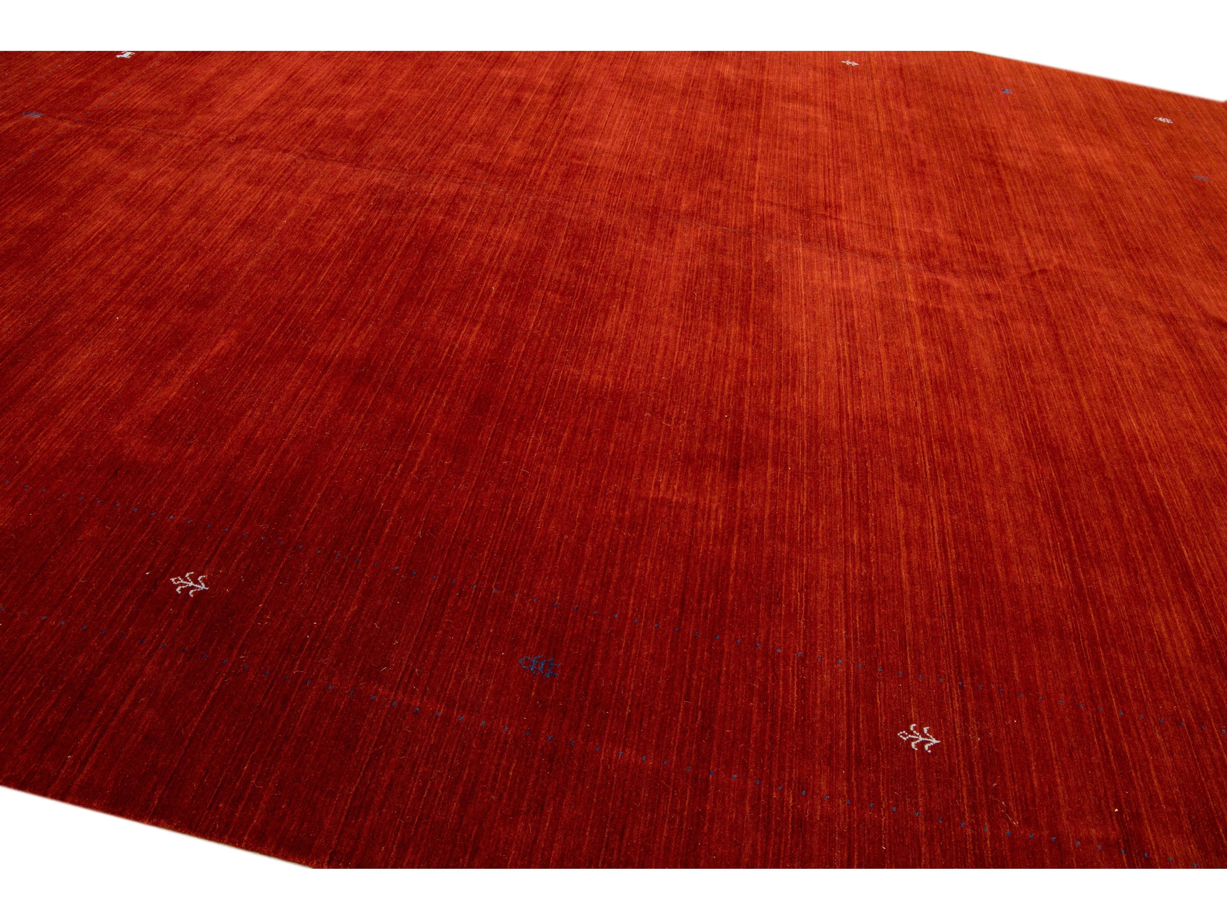 Modern Gabbeh Style Red Hand-Loom Minimalist Pattern Wool Rug