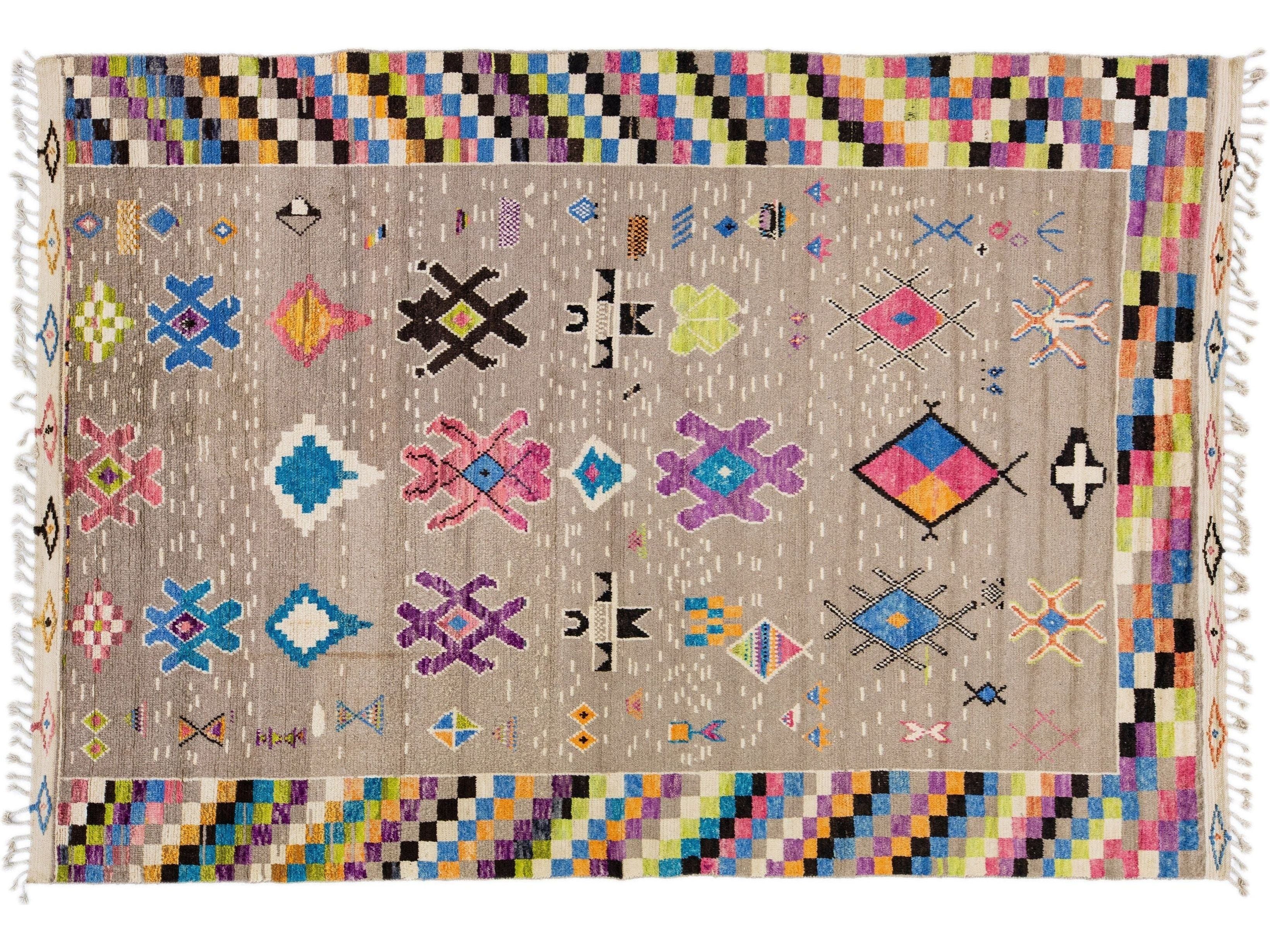 Modern Moroccan Style Handmade Multicolor Designed Room Size Wool Rug