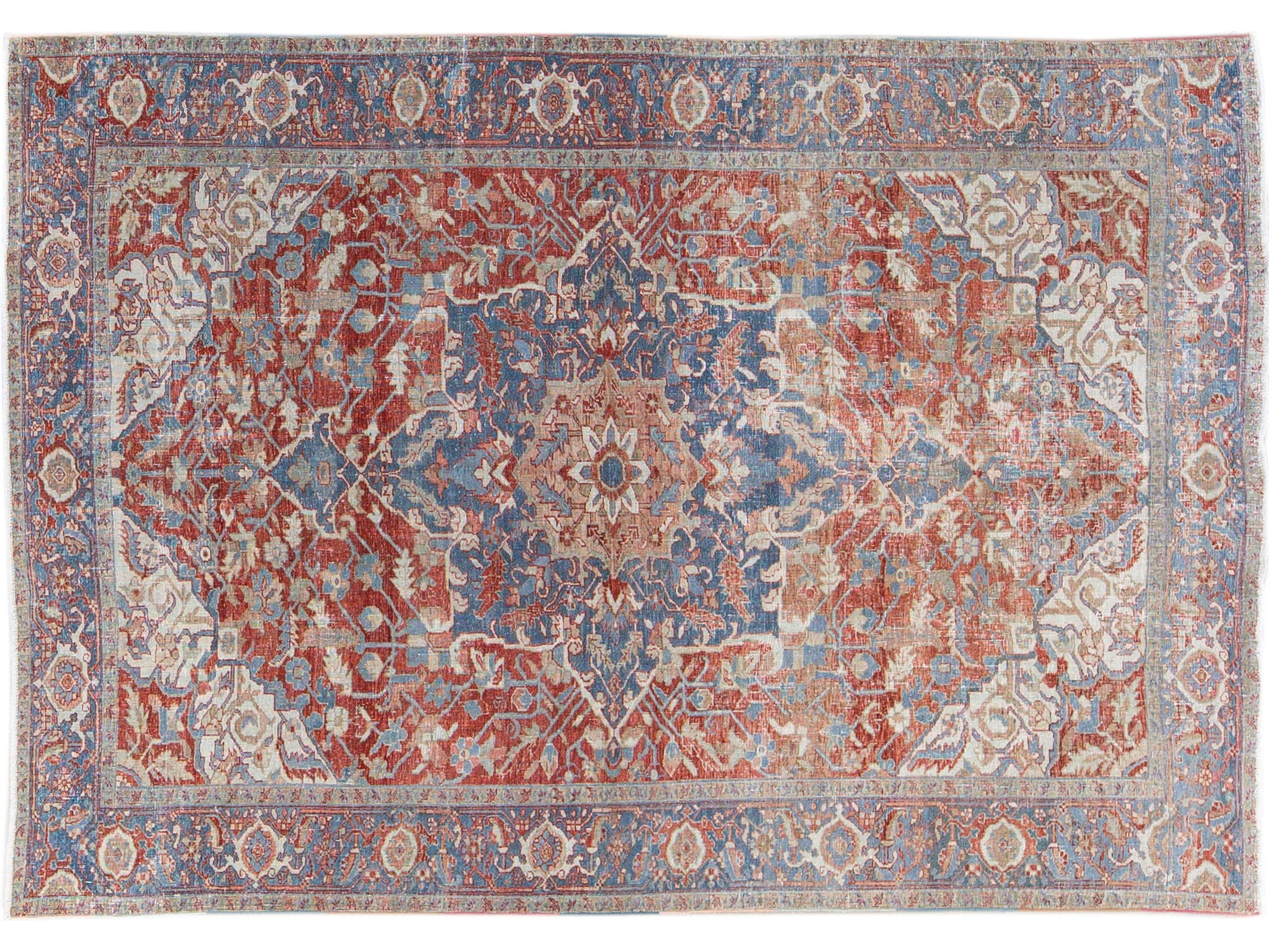 Antique Persian Heriz Handmade Red and Blue Medallion Floral Wool Rug
