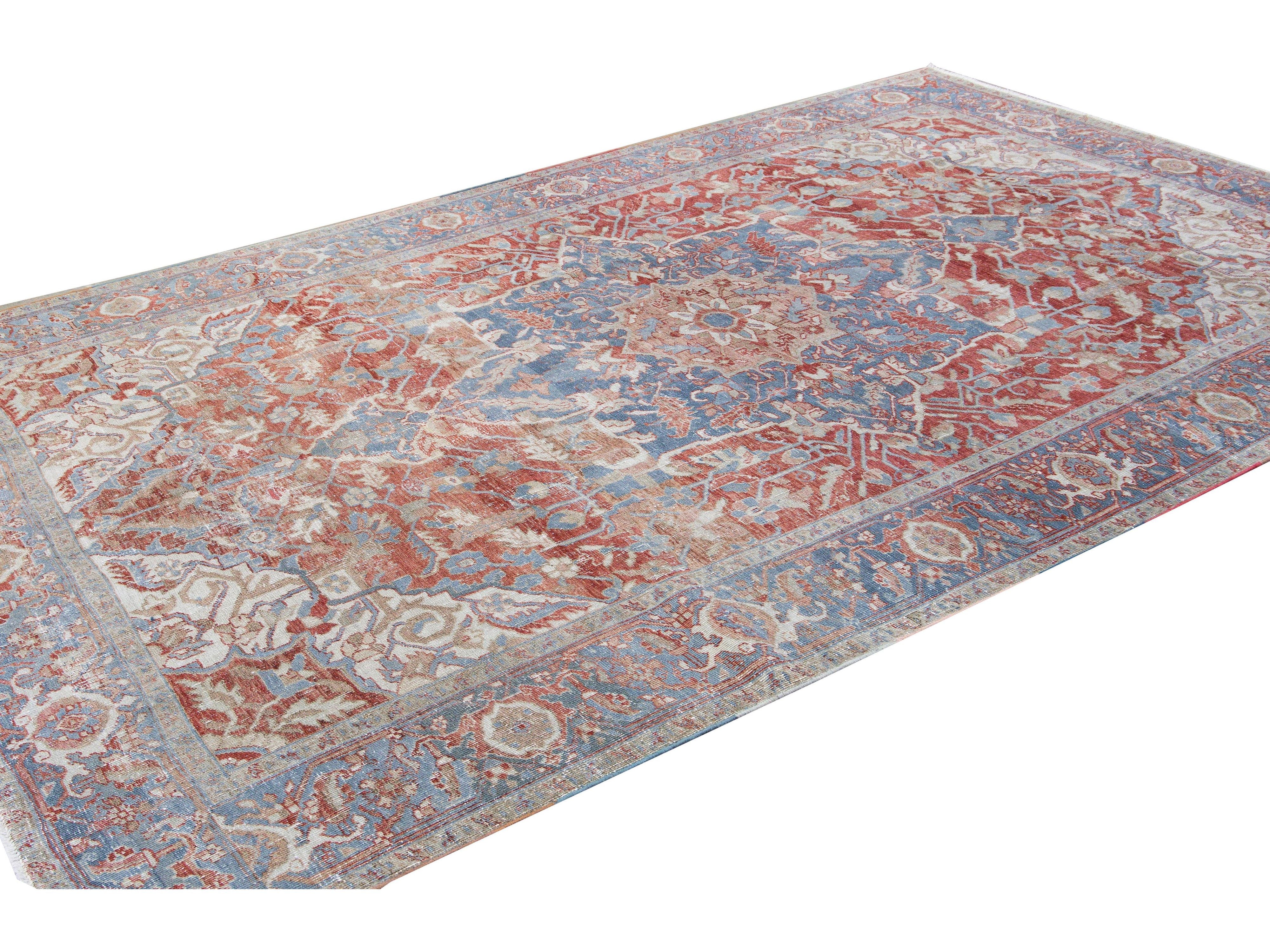 Antique Persian Heriz Handmade Red and Blue Medallion Floral Wool Rug