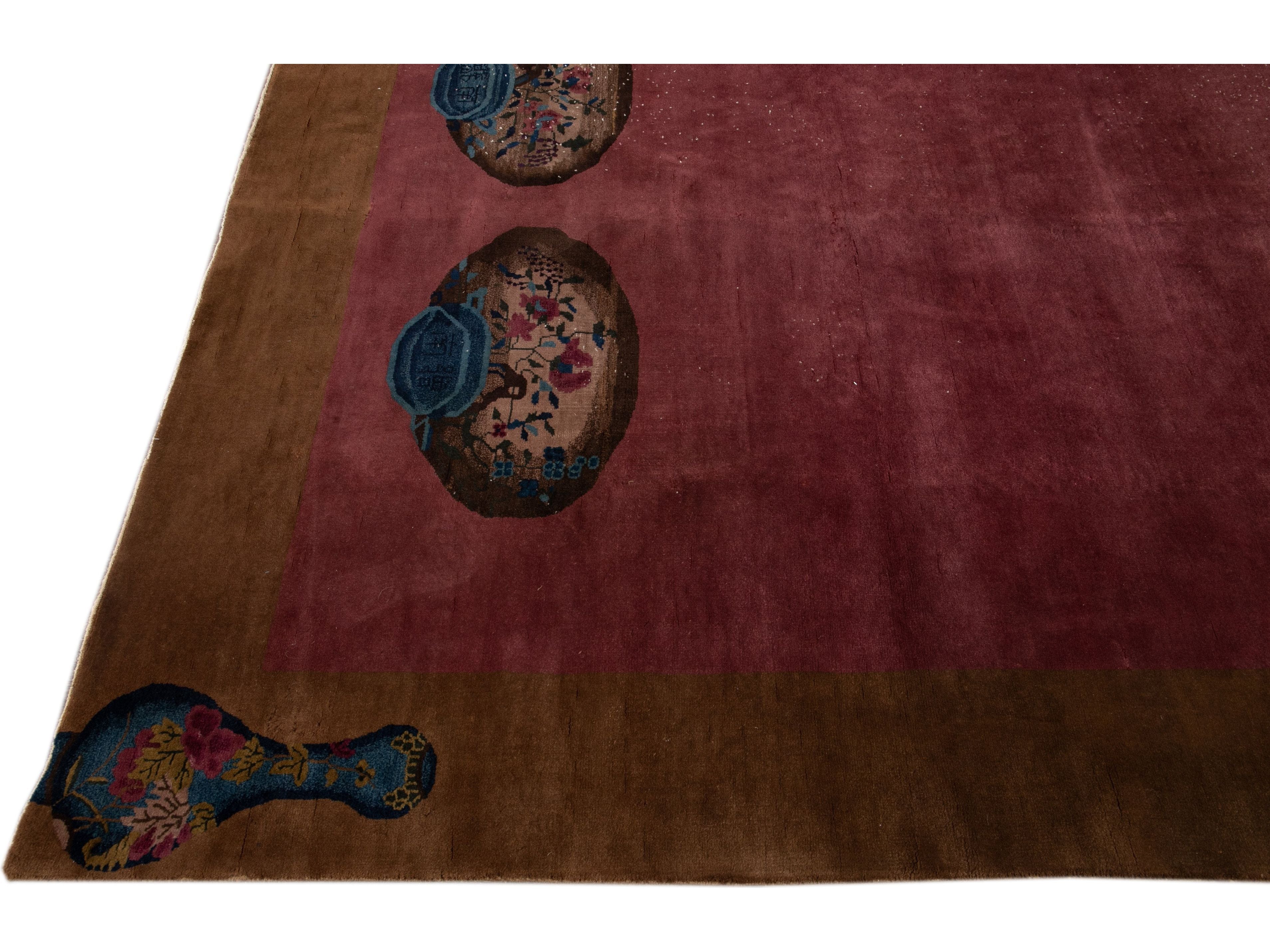 ntique Burgundy Art Deco Chinese Handmade Wool Rug